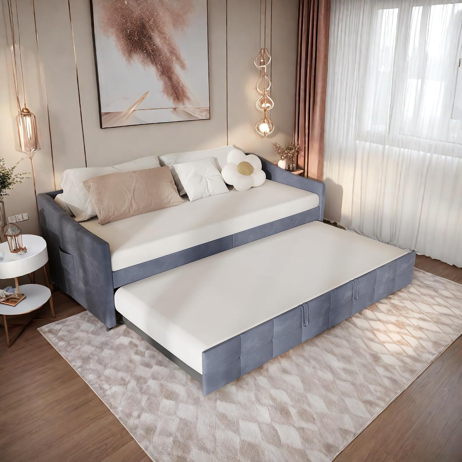 Canapé-Lit Convertible LKPOMI 2 Places — Velours Beige, Lit 180x200 cm