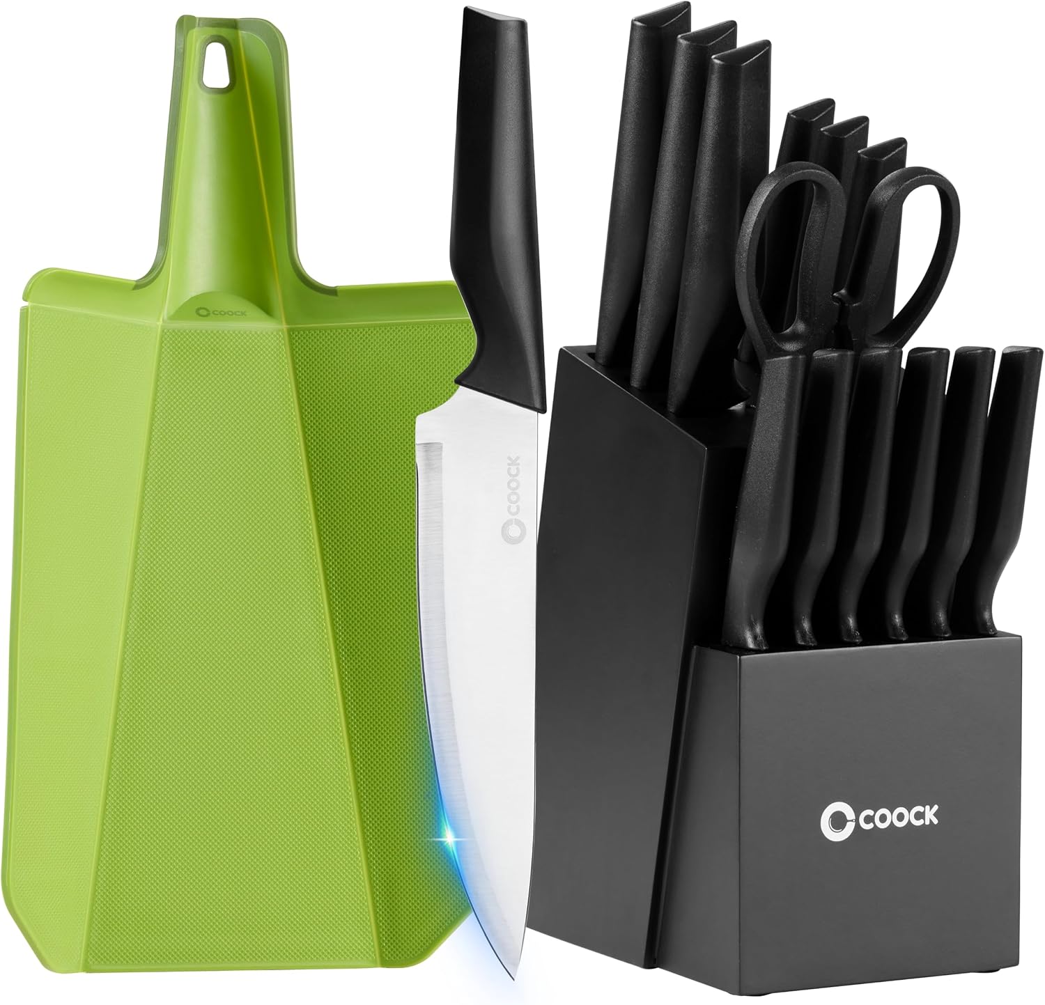 Set de Couteaux Coock 17 Pièces — Bloc, Planche Pliable, Inox Sans BPA