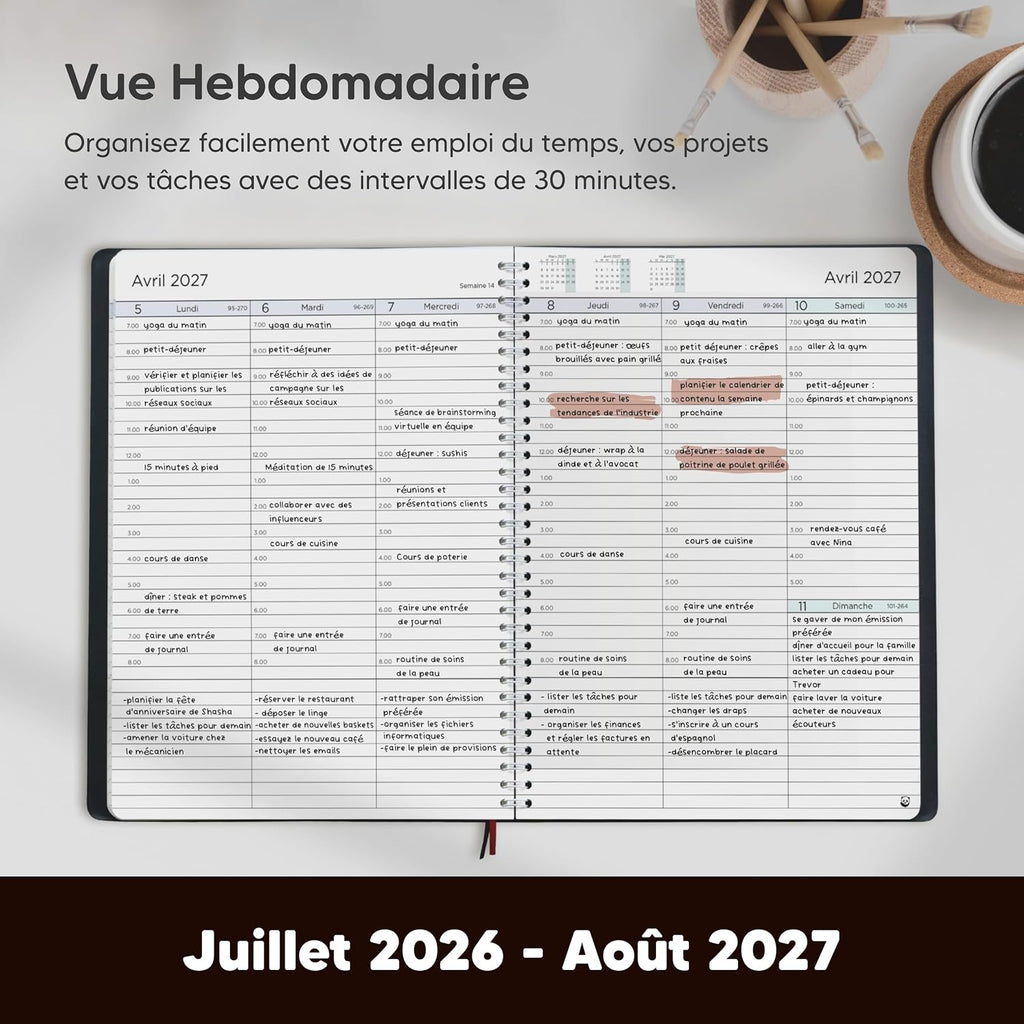 SmartPanda Agenda 2026 2027 – weekkalender – eenvoud inspireert productiviteit – zachte omslag, intervallen van 30 minuten – juli 2026 – augustus 2027 – A5, in het Frans