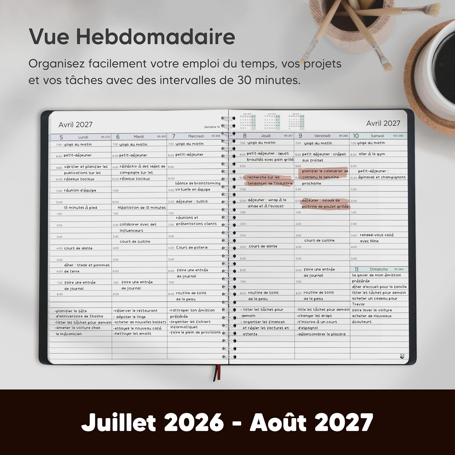 SmartPanda Agenda 2026 2027 – weekkalender – eenvoud inspireert productiviteit – zachte omslag, intervallen van 30 minuten – juli 2026 – augustus 2027 – A5, in het Frans