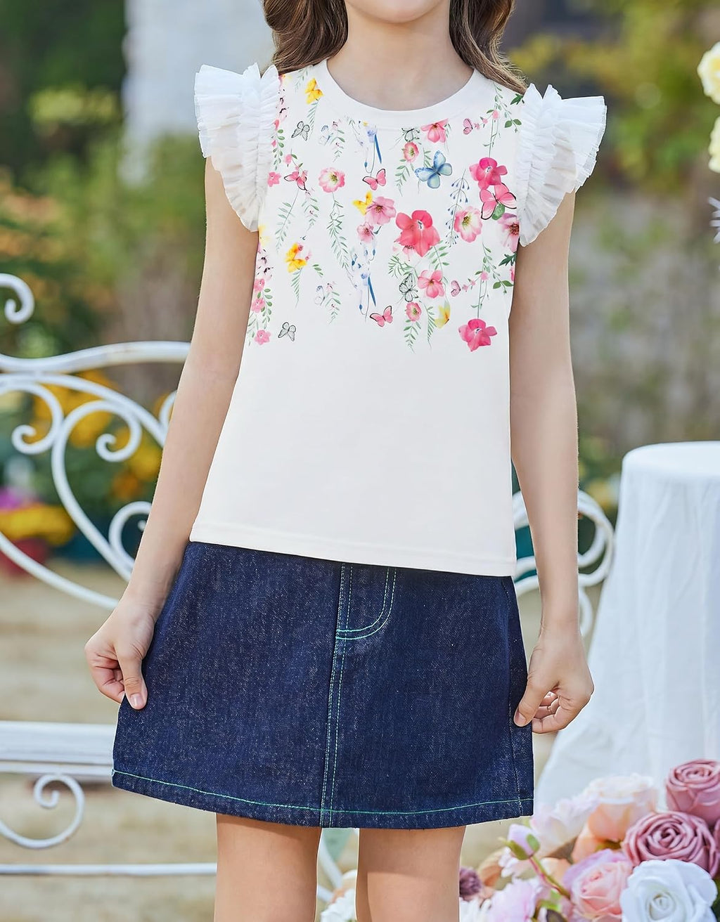 Arshiner T-shirt met kanten mouwen voor meisjes, zomertop, ronde hals, korte mouwen, casual, effen, 5-14 jaar
