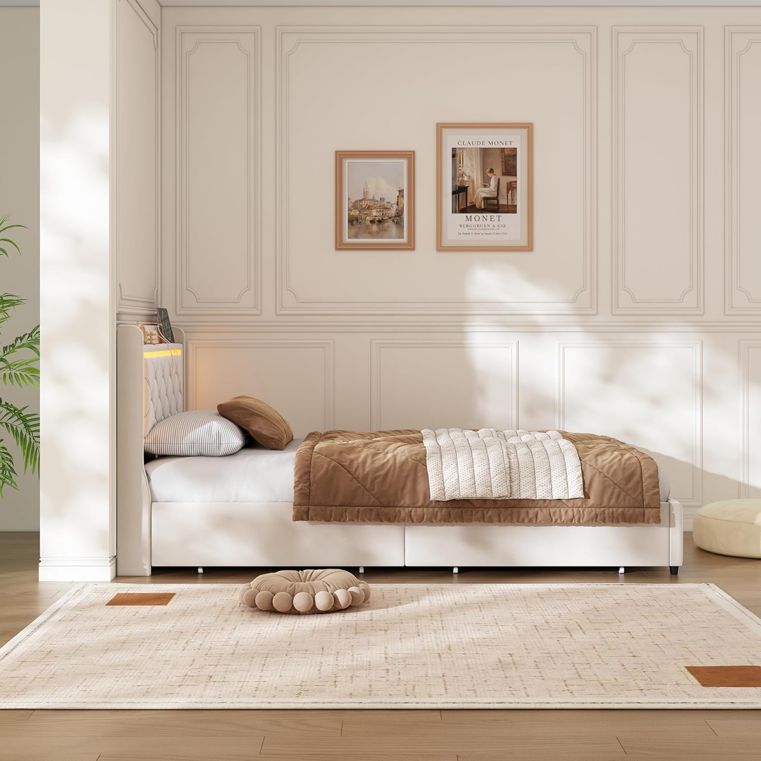 Lit Coffre Capitonné 140 x 200 cm – Tête de Lit Hydraulique & Sommier à Lattes – Flanelle Blanc Cassé