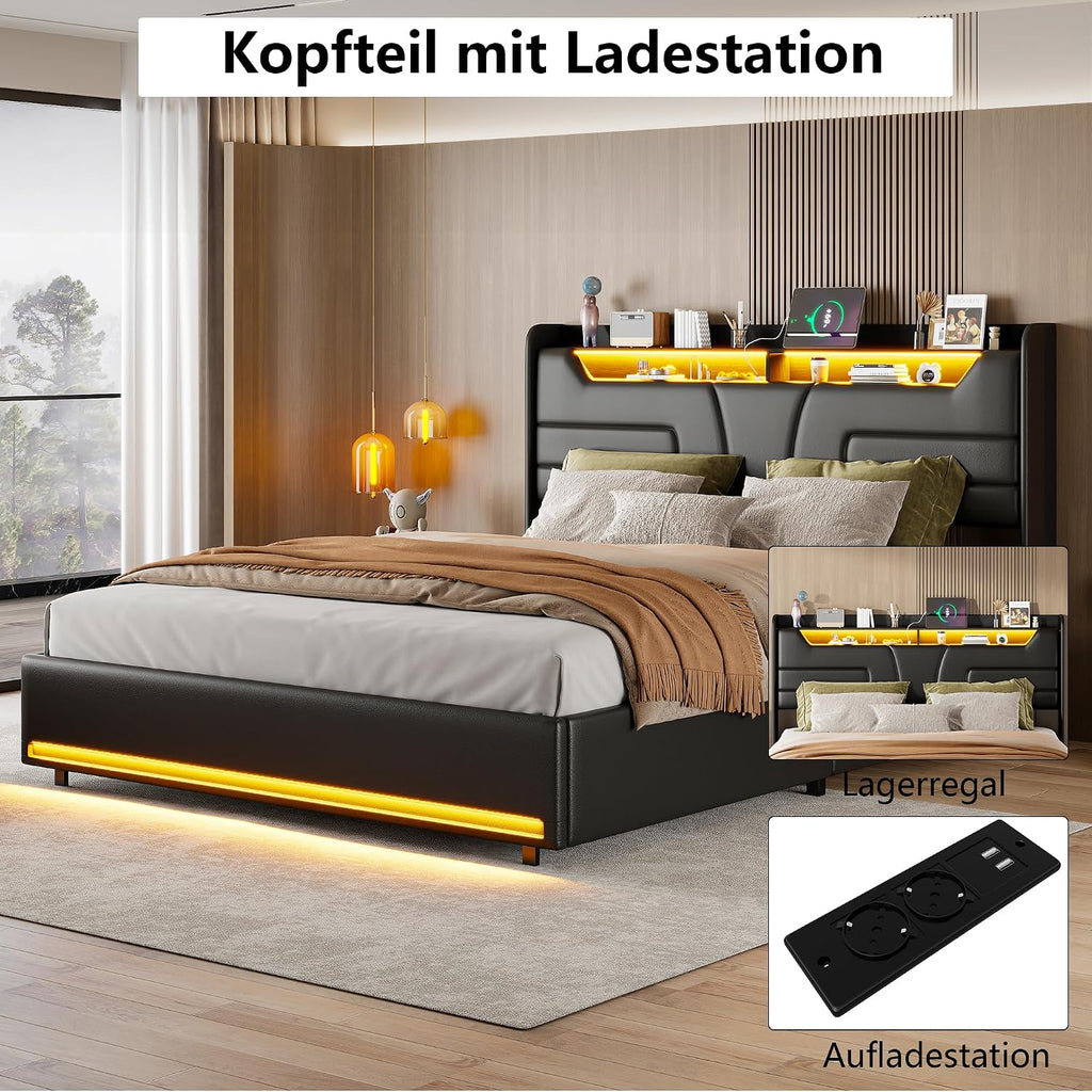 Lit Coffre Capitonné 140 x 200 cm – Tête de Lit Hydraulique & Sommier à Lattes – Flanelle Blanc Cassé