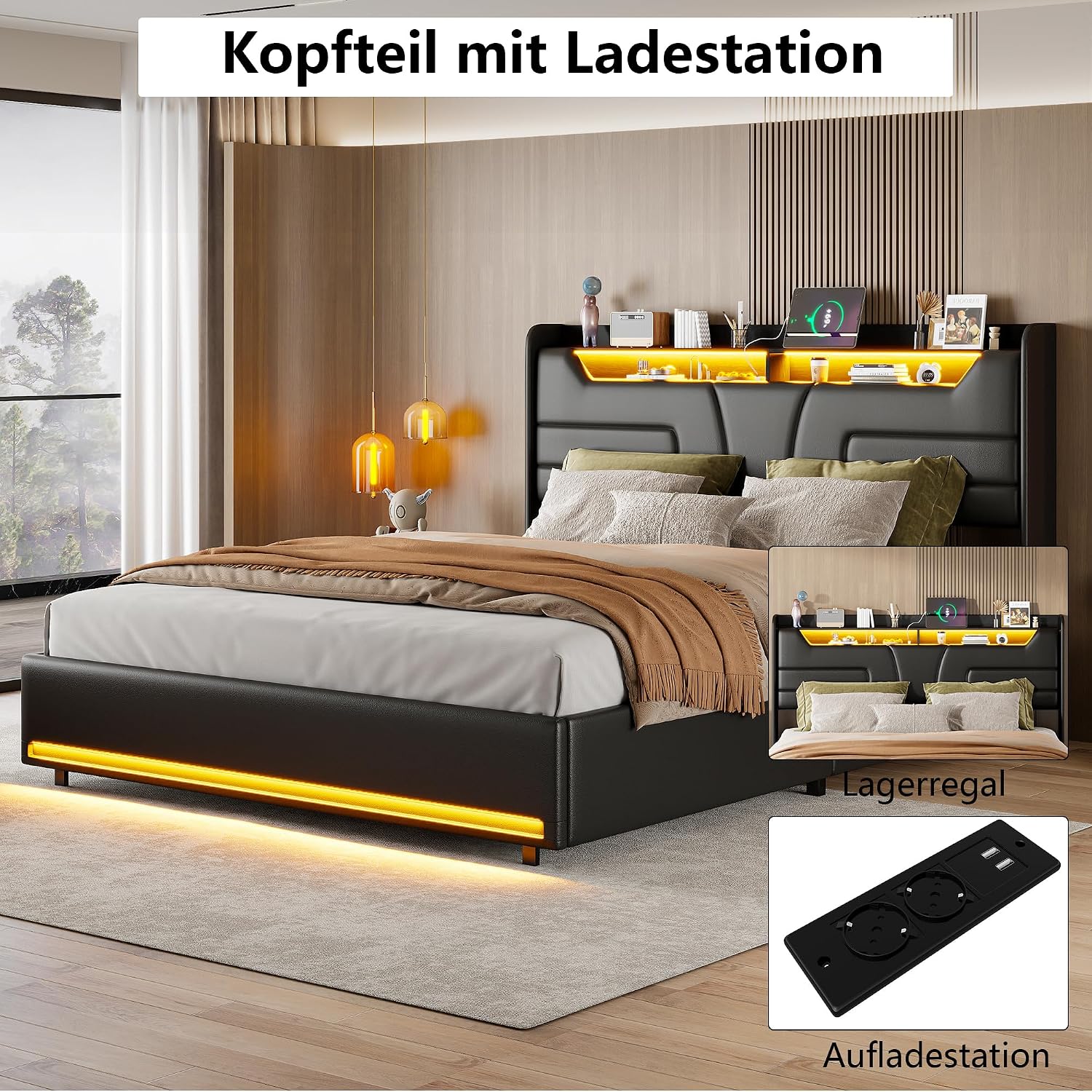 Lit Coffre Capitonné 140 x 200 cm – Tête de Lit Hydraulique & Sommier à Lattes – Flanelle Blanc Cassé