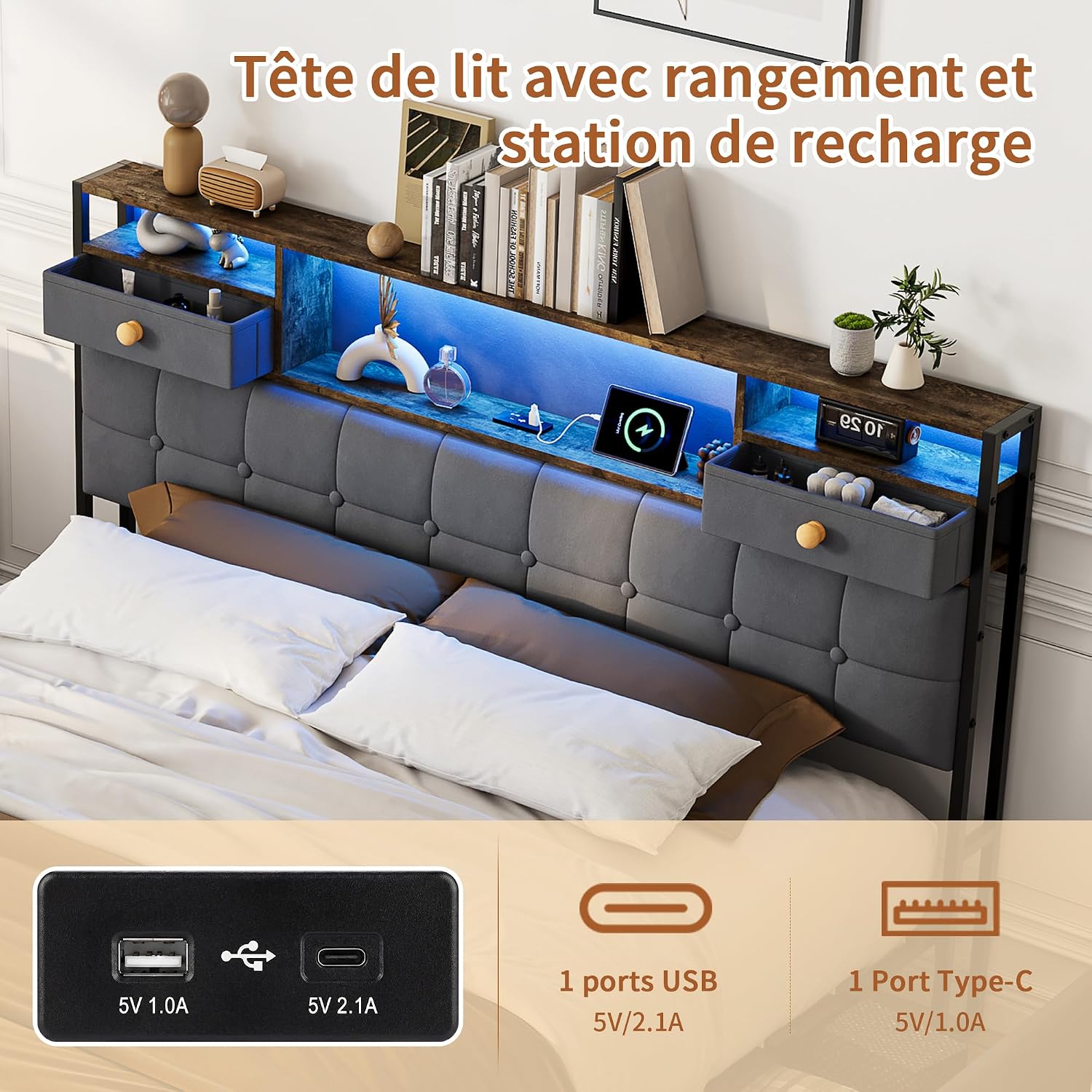 Lit Double 140x200 cm – 4 Tiroirs de Rangement, Éclairage LED +6000 Couleurs & Tête de Lit Réglable en PU