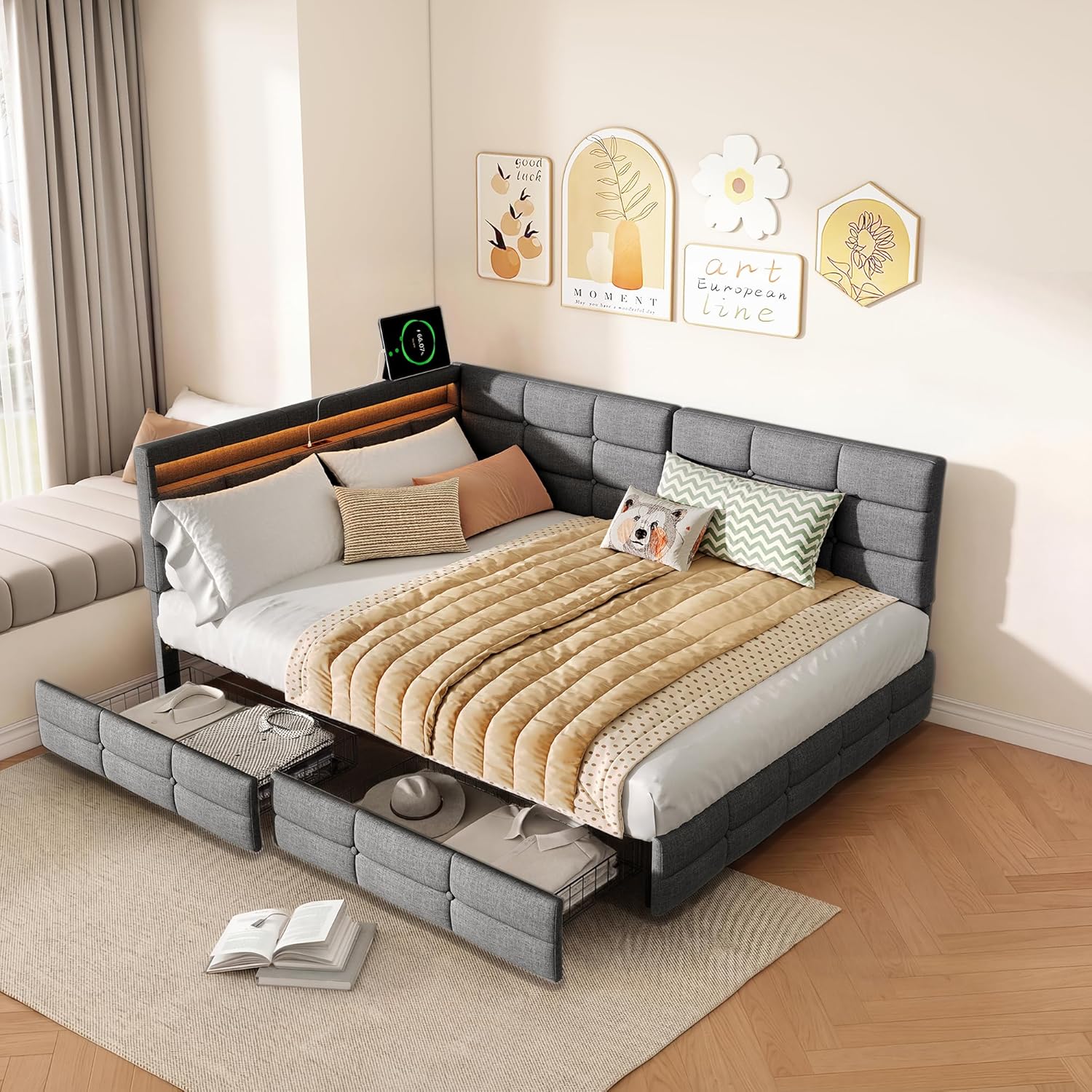 Lit Coffre 90x200 cm – Tête de Lit Rangement, Éclairage LED 16 Couleurs & Ports USB/USB-C