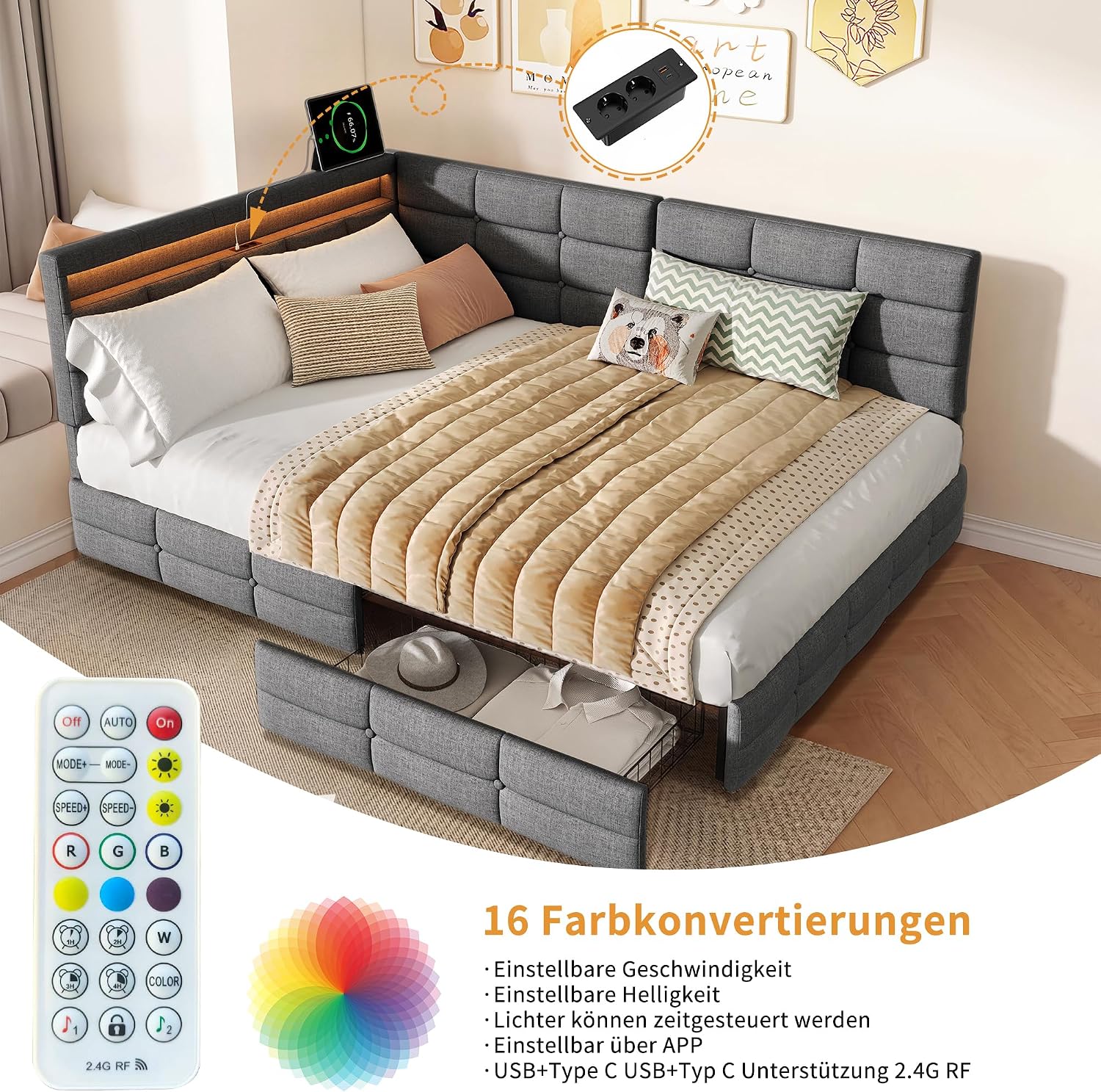 Canapé-Lit Convertible LKPOMI 2 Places — Velours Beige, Lit 180x200 cm