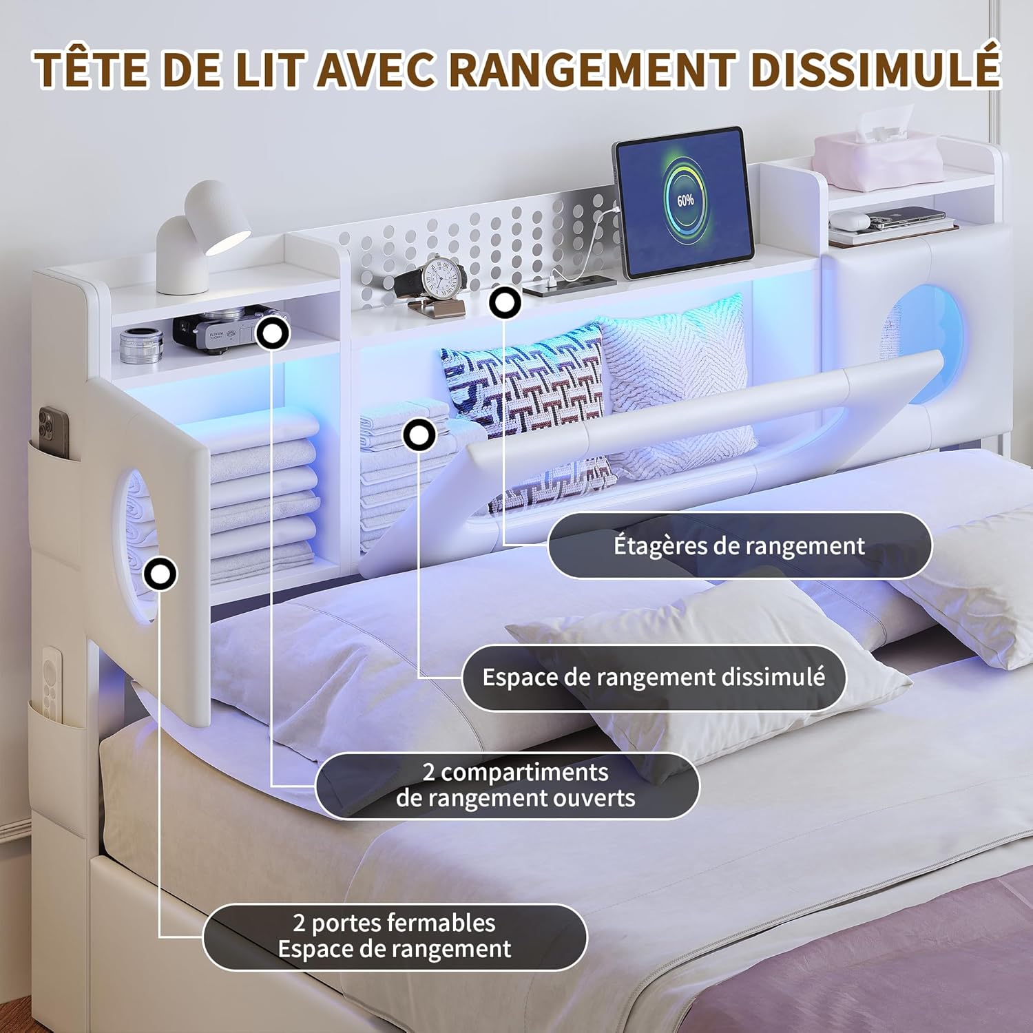 Lit Coffre LED RGB & Port USB | Rangement Hydraulique | Tête de Lit Rembourrée avec Étagères | 90 à 160 x 200 cm