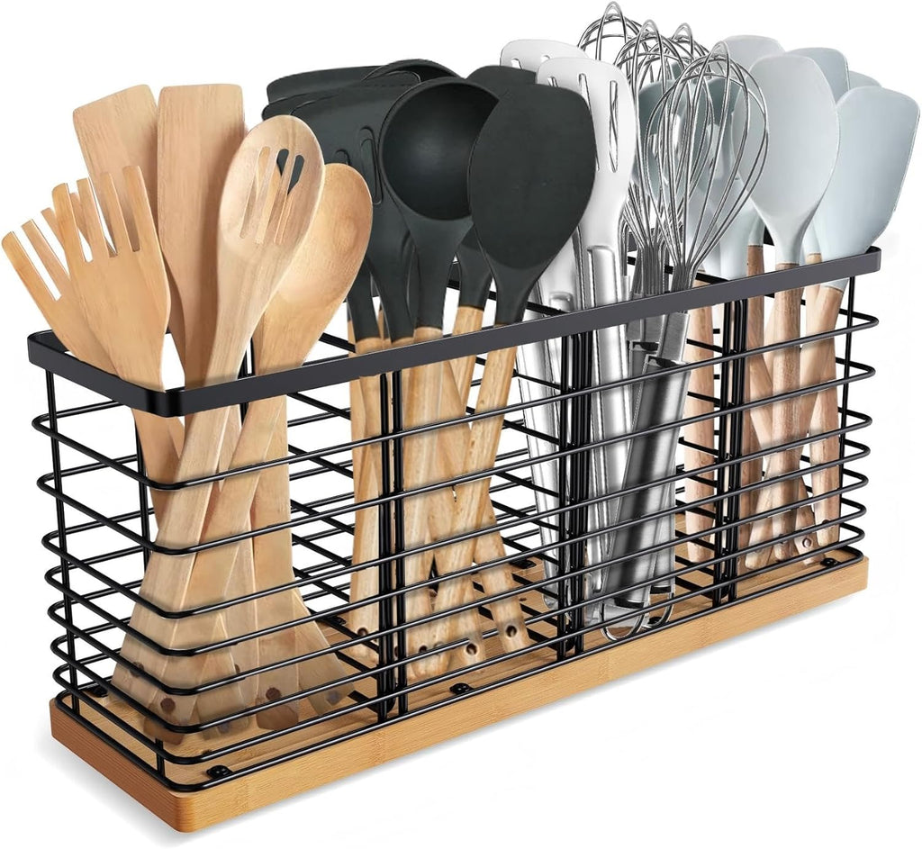 Porte-Ustensiles Suli 4 Compartiments – Métal Noir Mat & Base Bois, 40 x 11 cm, Style Rustique