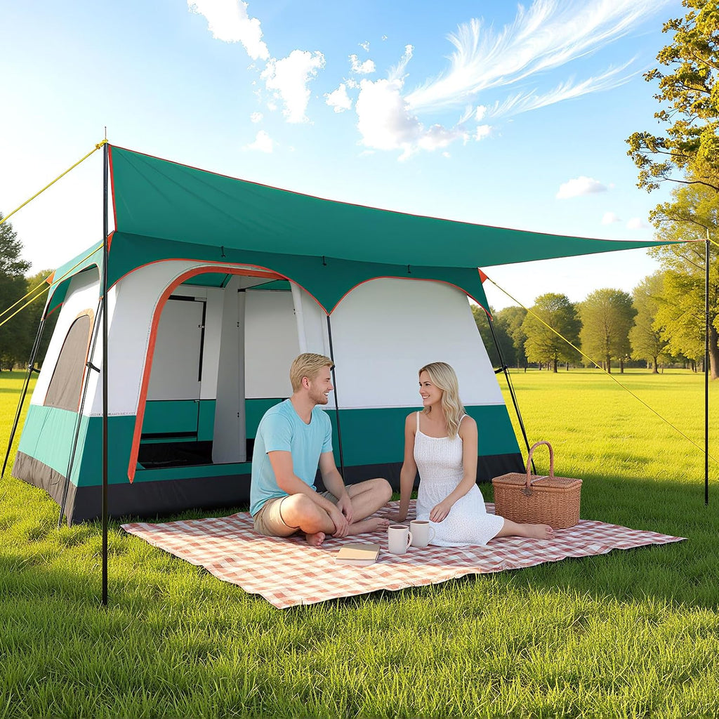 GYMAX Grote campingtent met luifel, 2 aparte slaapkamers, dakraam, afneembaar regenzeil, deuren en ramen, oprolbaar, voor buiten, concerten, picknick