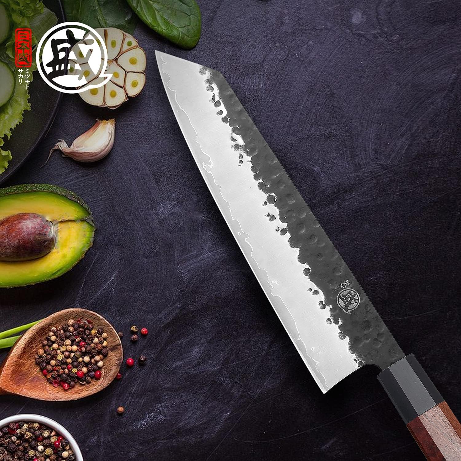 Couteau Gyuto Japonais MITSUMOTO SAKARI 22 cm – Forgé Main, Acier Haute Carbone, Bois de Rose