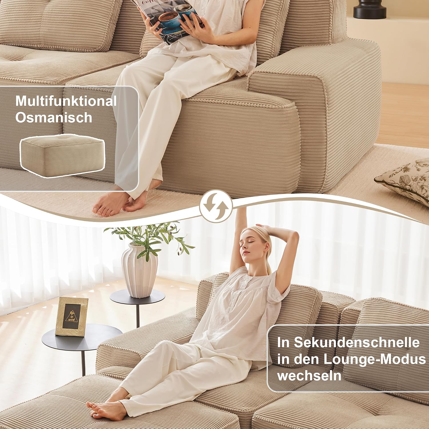 Canapé Modulable Cloud en Velours Côtelé – Assise Profonde, Convertible, Sans Montage