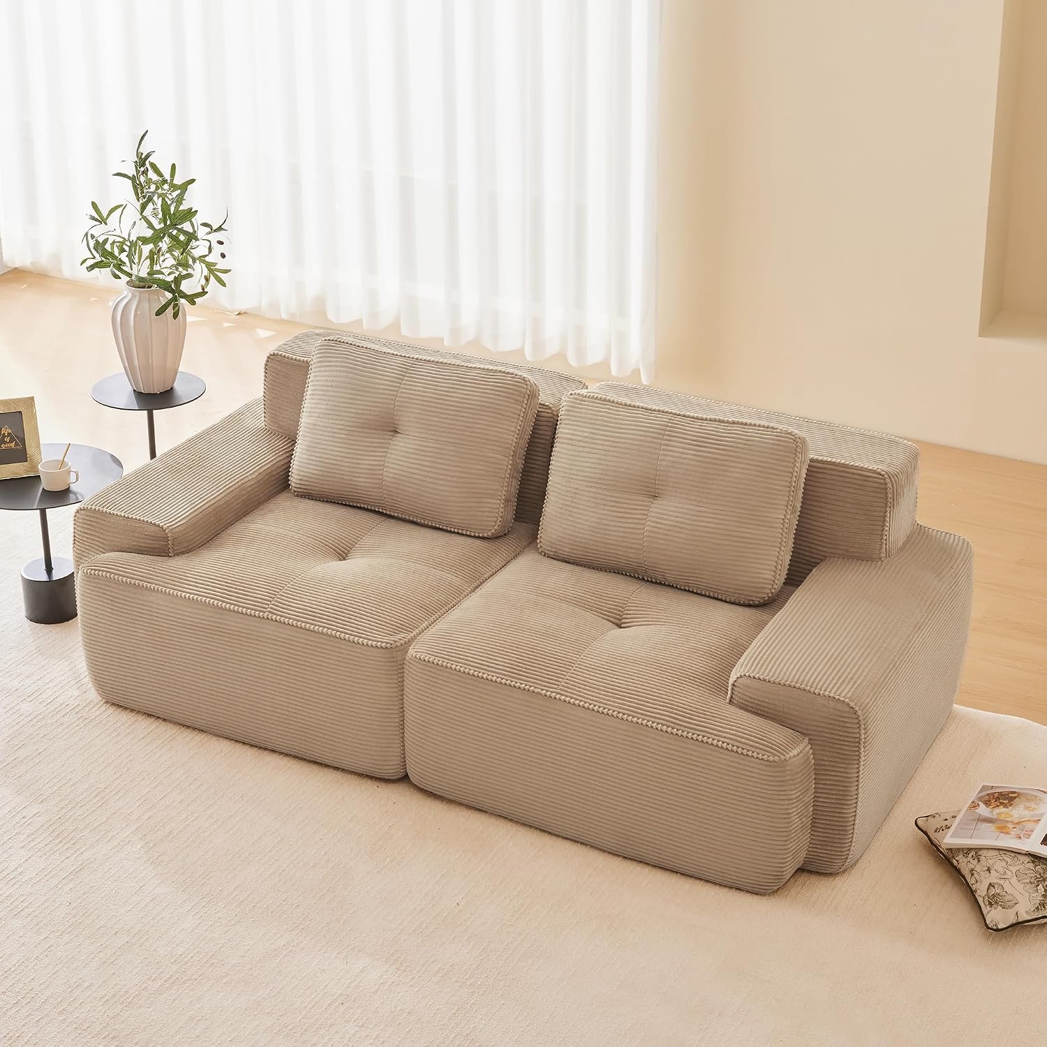 Canapé modulable en L Bladez – 3+1 places – Tissu côtelé kaki clair – Assise profonde