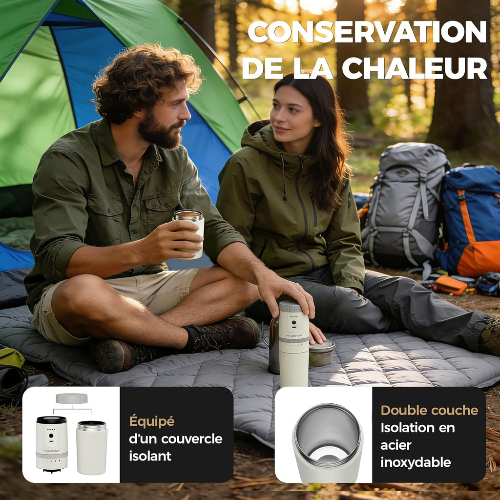 HAUSHOF Draagbare alles-in-één koffiezetapparaat met geïntegreerde molen, 5 maalinstellingen, USB-C oplaadbaar, 300 ml, ideaal voor reizen en kamperen, zwart