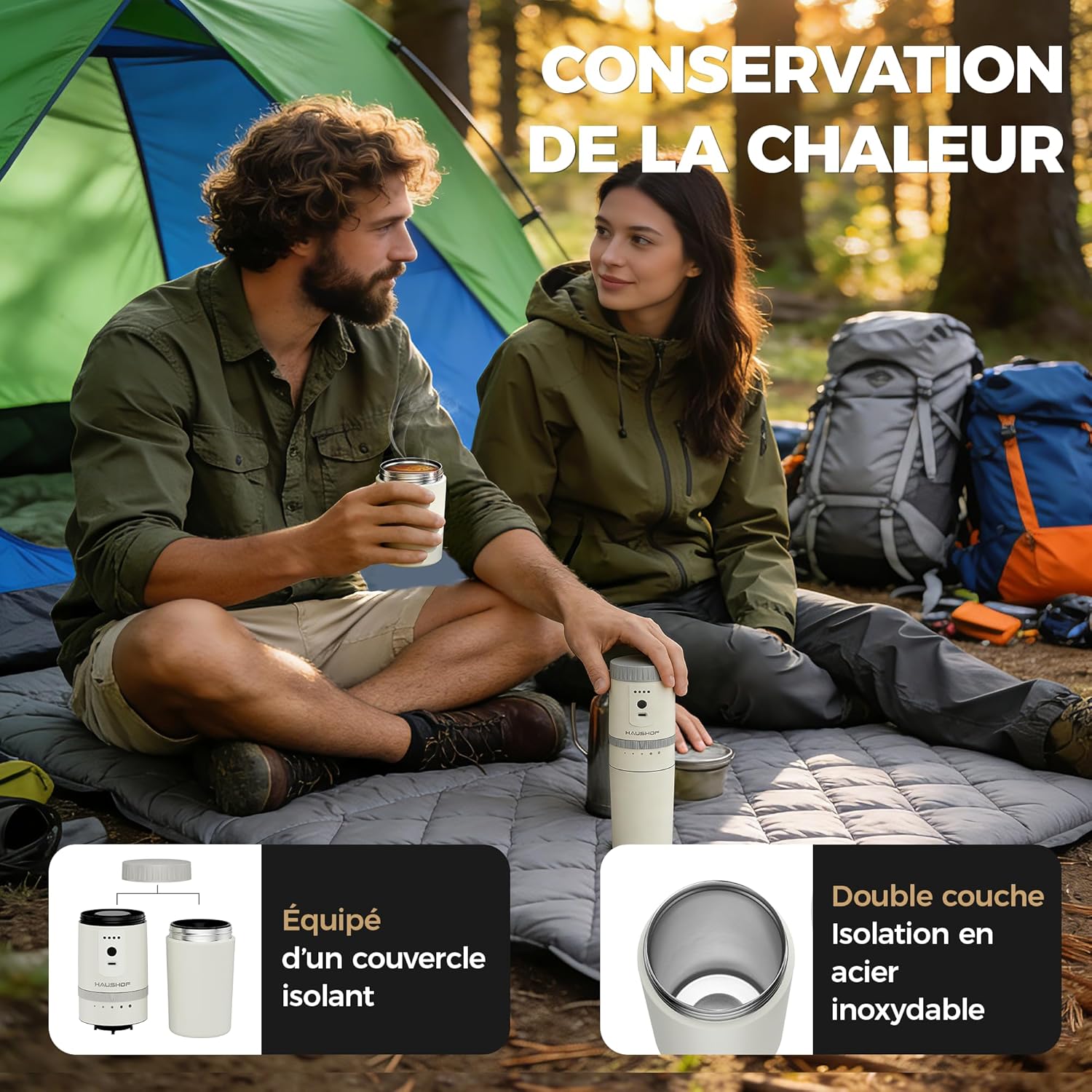HAUSHOF Draagbare alles-in-één koffiezetapparaat met geïntegreerde molen, 5 maalinstellingen, USB-C oplaadbaar, 300 ml, ideaal voor reizen en kamperen, zwart