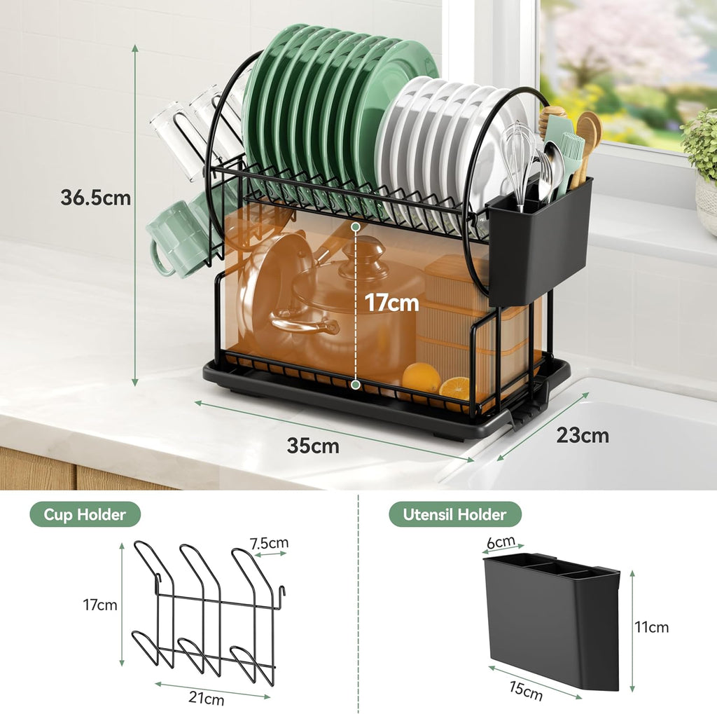 Égouttoir à Vaisselle 2 Niveaux Noir – Inox, Bac Drainage Auto, Porte-ustensiles