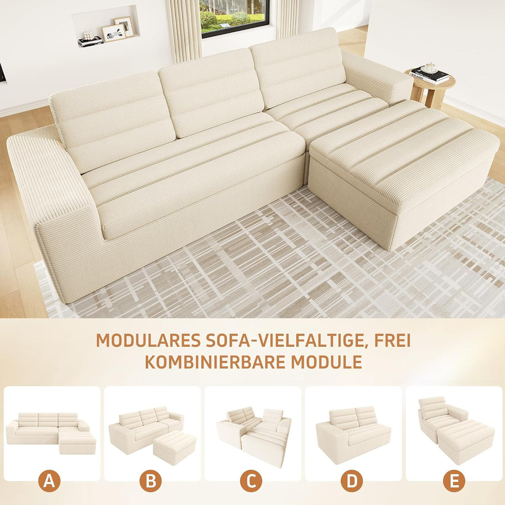 Canapé d'Angle Modulable 3 Places – Mémoire de Forme, Housse Lavable, Sans Montage | Blanc