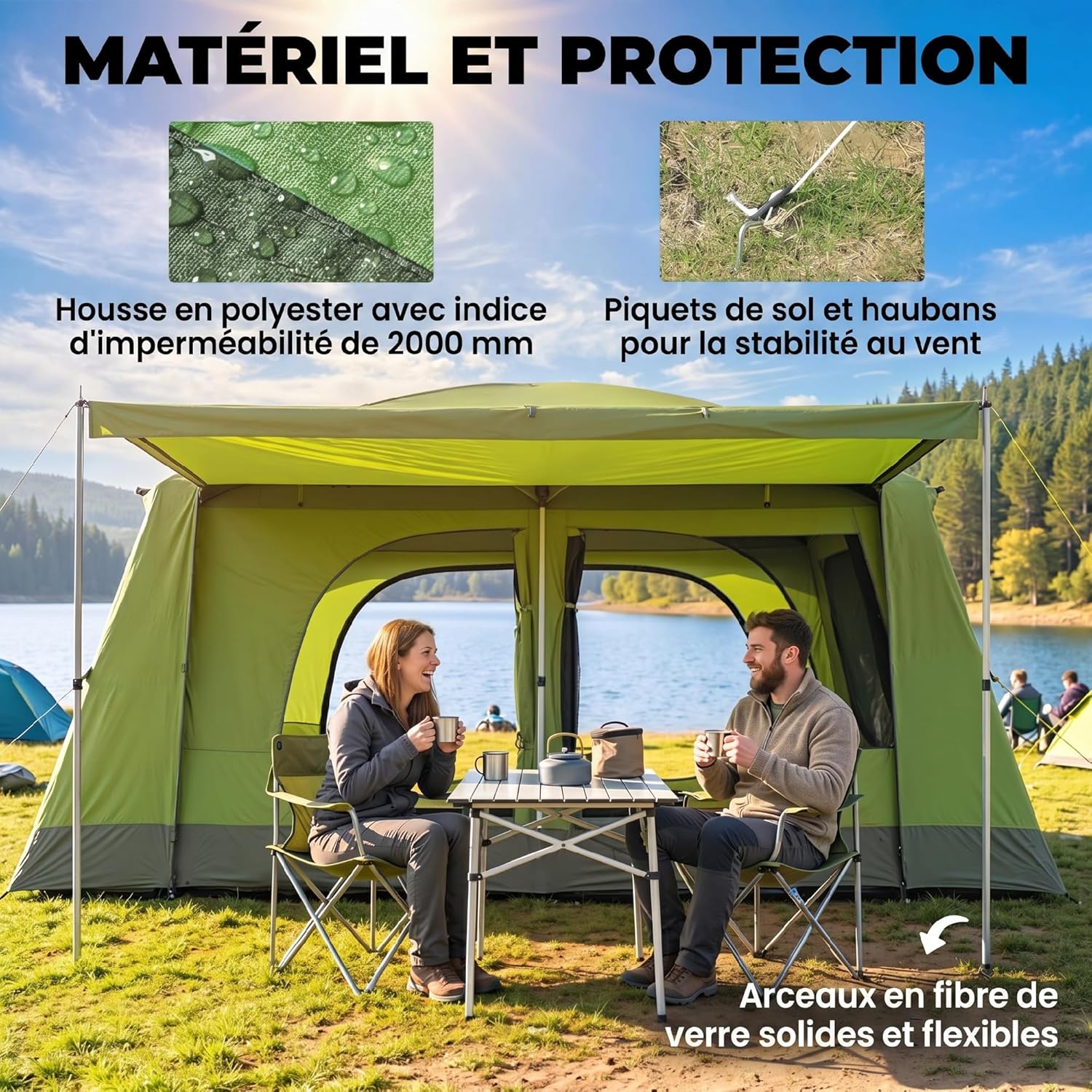 Outsunny Campingtent met veranda voor 4 personen, familietent, licht, draagbaar, eenvoudig te installeren, draagtas en haak, voor reizen, wandelen, 405 x 305 x 225 cm, groen