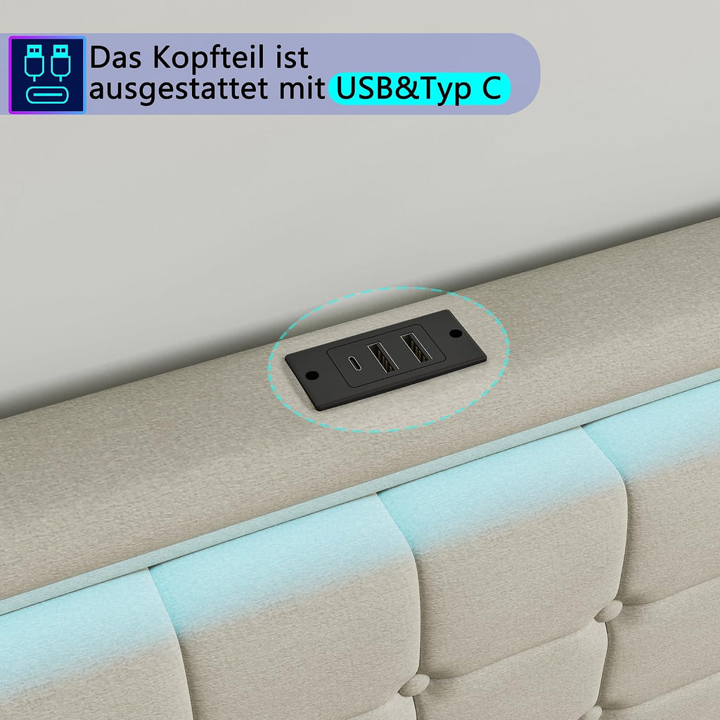 Lit Coffre Capitonné 140 x 200 cm – Tête de Lit Hydraulique & Sommier à Lattes – Flanelle Blanc Cassé