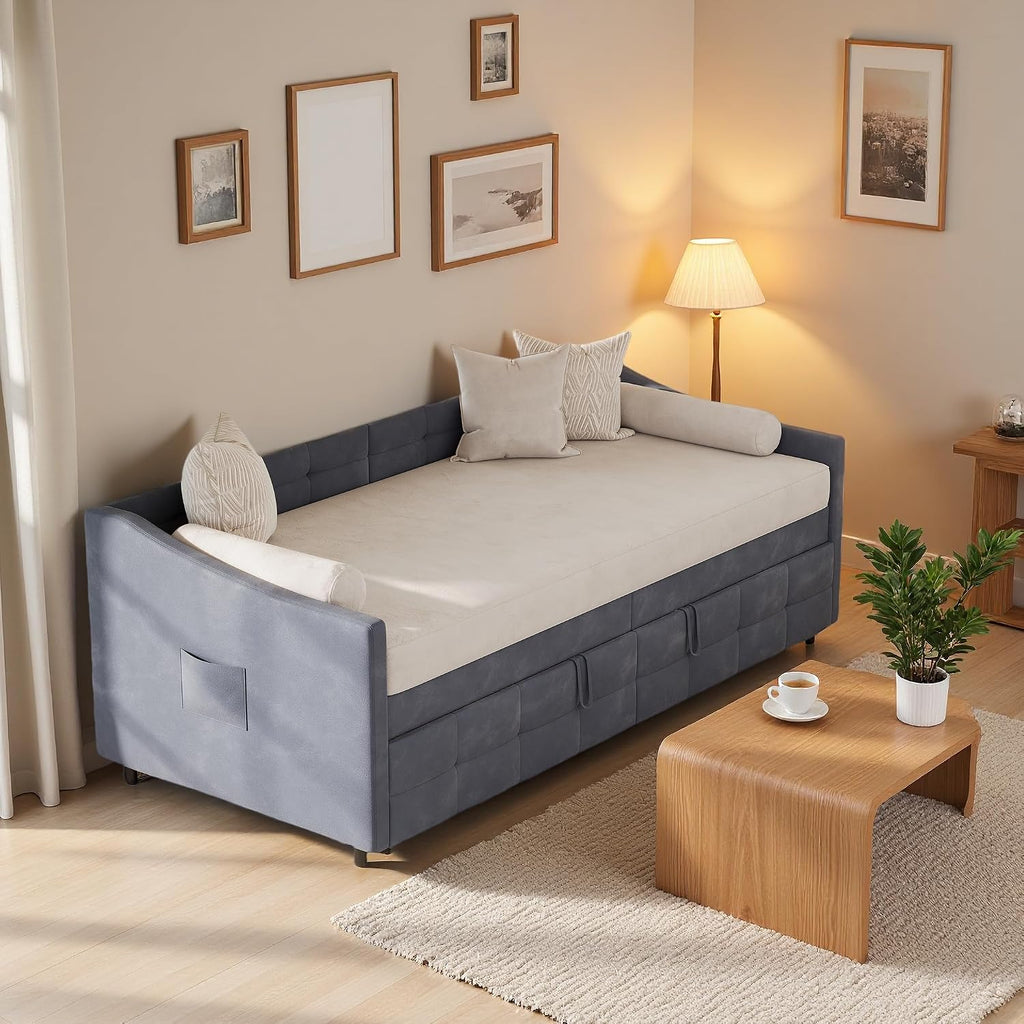 Canapé-Lit Convertible LKPOMI 2 Places — Velours Beige, Lit 180x200 cm