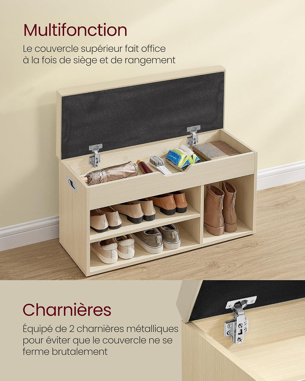 Banc à Chaussures Rembourré VASAGLE – Rangement 3 Compartiments, Style Vintage, 80 cm