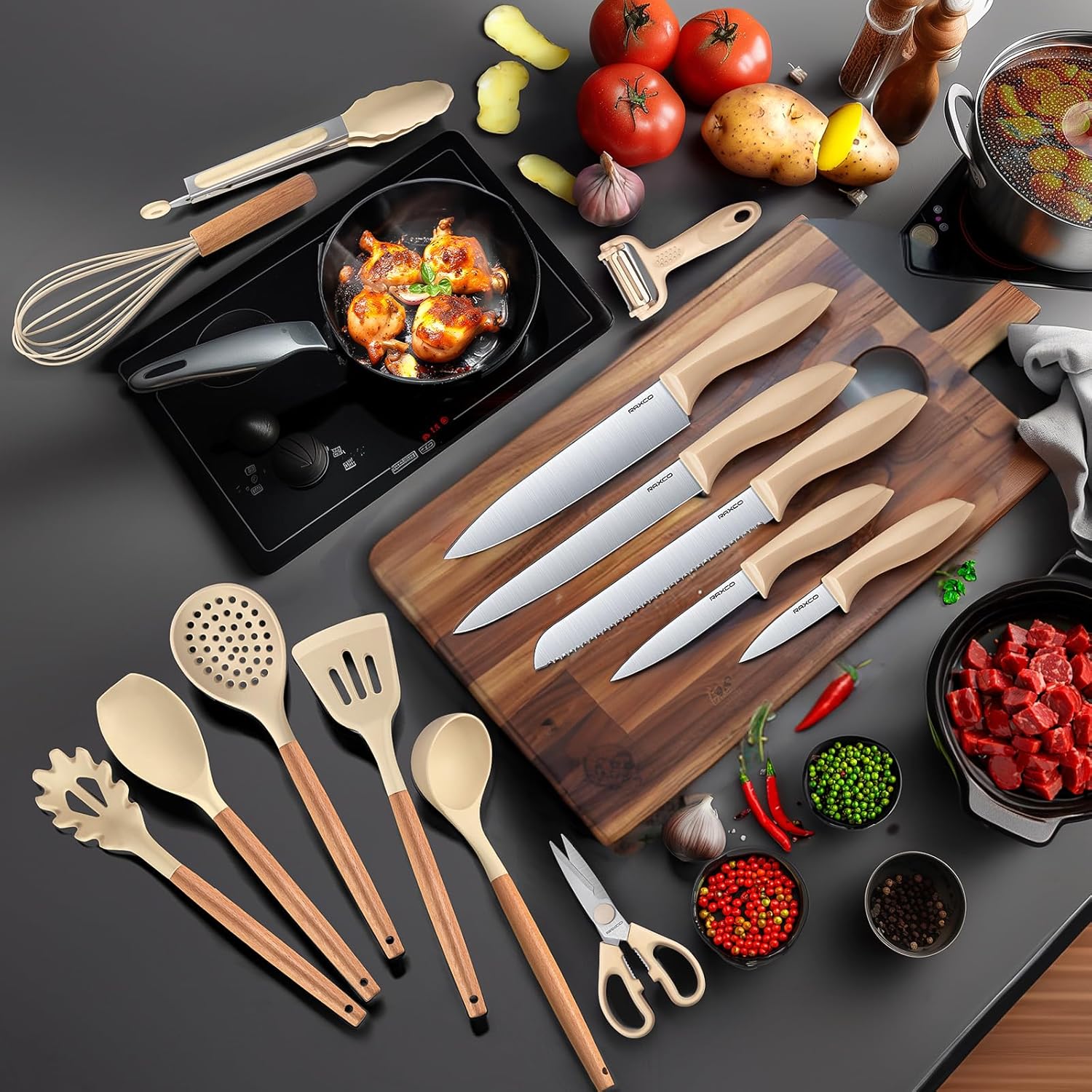 Set de Cuisine RAXCO 18 Pièces — 5 Couteaux Inox + 7 Spatules Silicone + Bloc