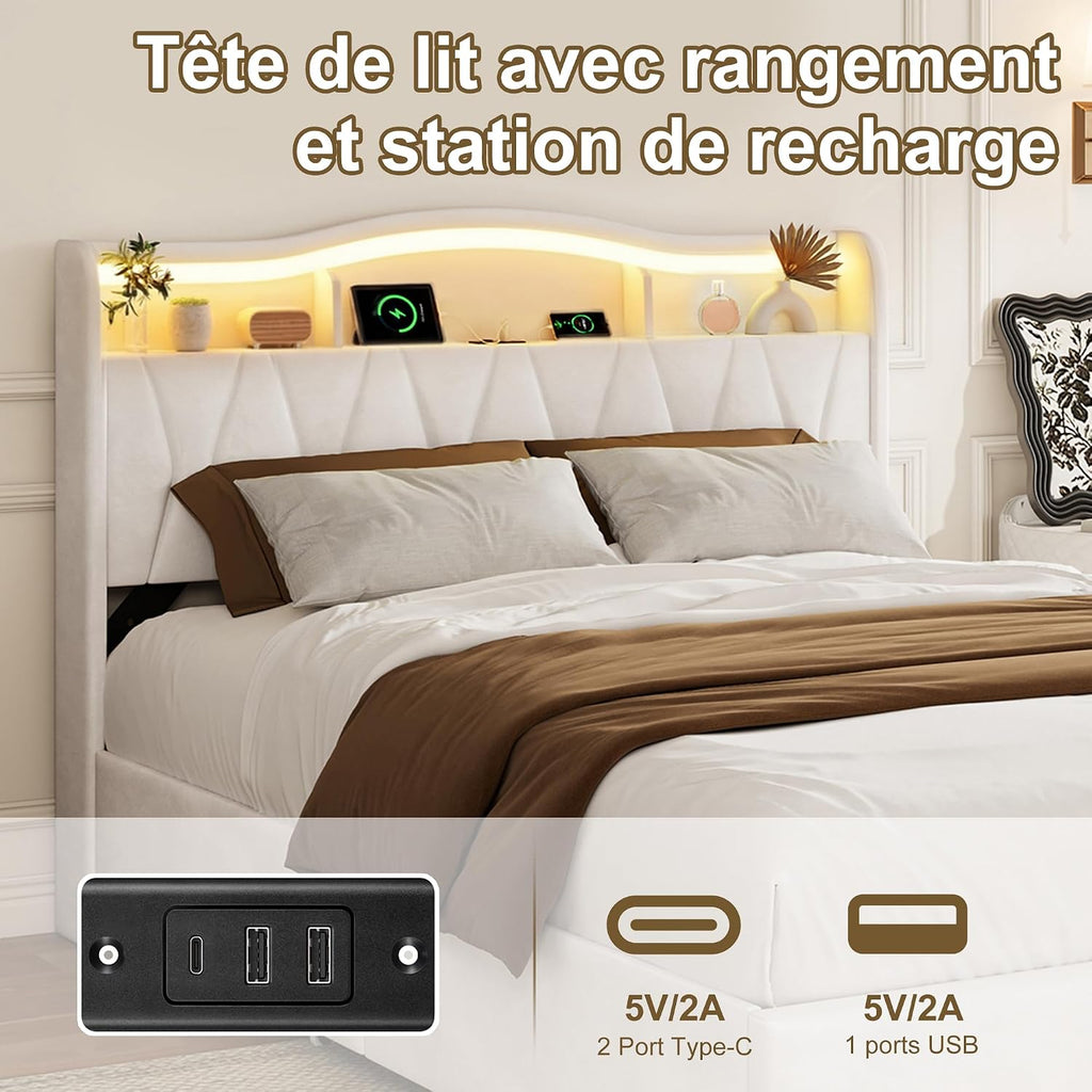 Lit Double 140x200 cm – 4 Tiroirs de Rangement, Éclairage LED +6000 Couleurs & Tête de Lit Réglable en PU