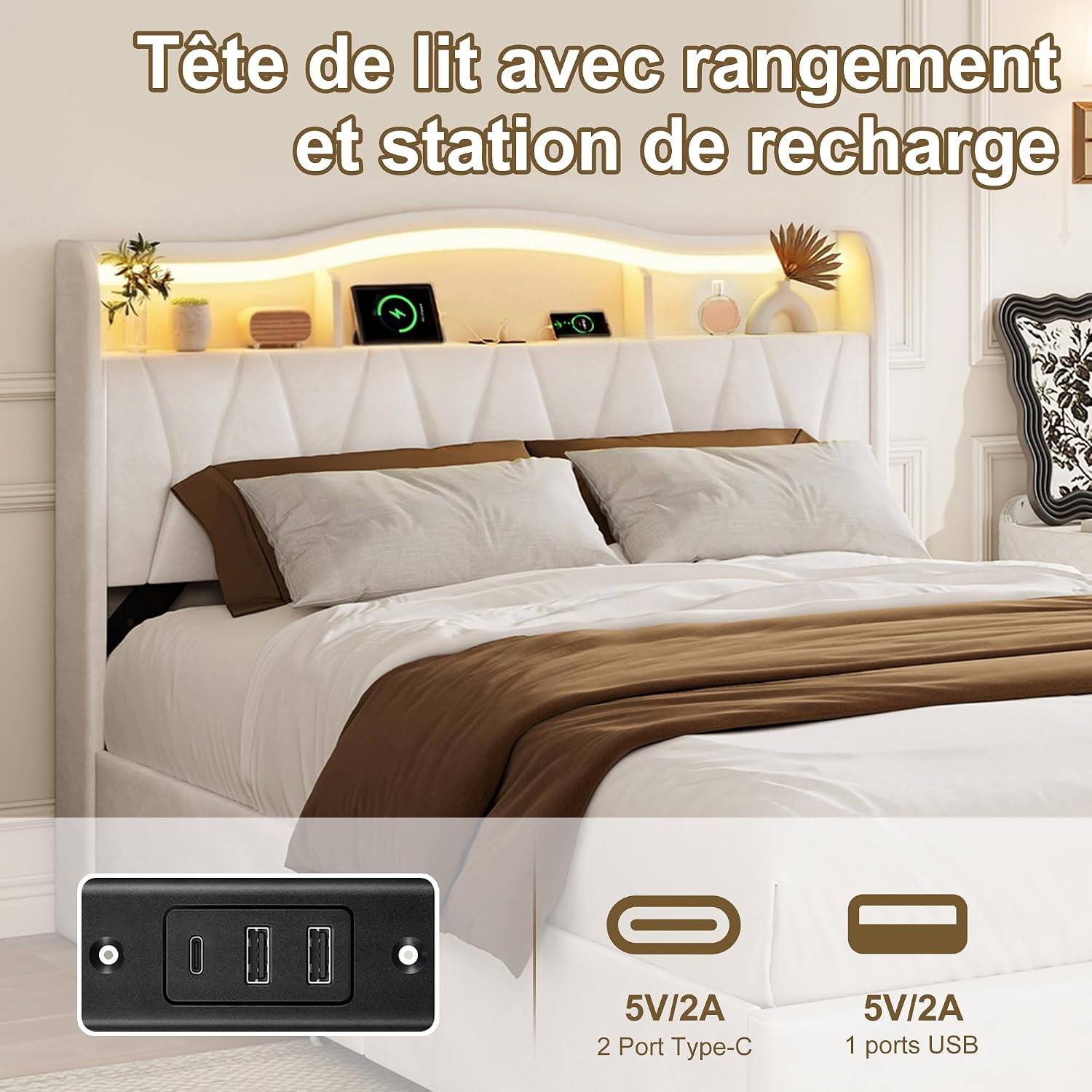 Lit Double 140x200 cm – 4 Tiroirs de Rangement, Éclairage LED +6000 Couleurs & Tête de Lit Réglable en PU