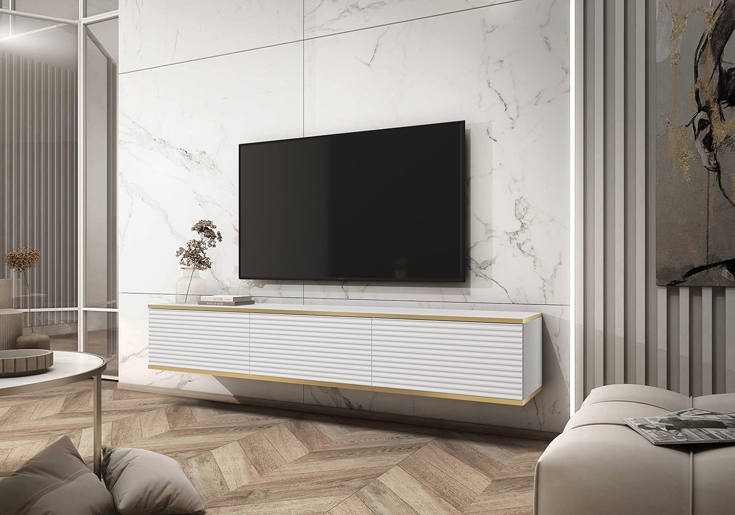 Meuble TV Mural Design | Ouverture Push-to-Open | 175 x 30 x 32 cm
