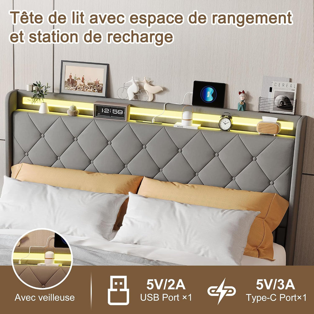 Lit Double 140x200 cm – 4 Tiroirs de Rangement, Éclairage LED +6000 Couleurs & Tête de Lit Réglable en PU