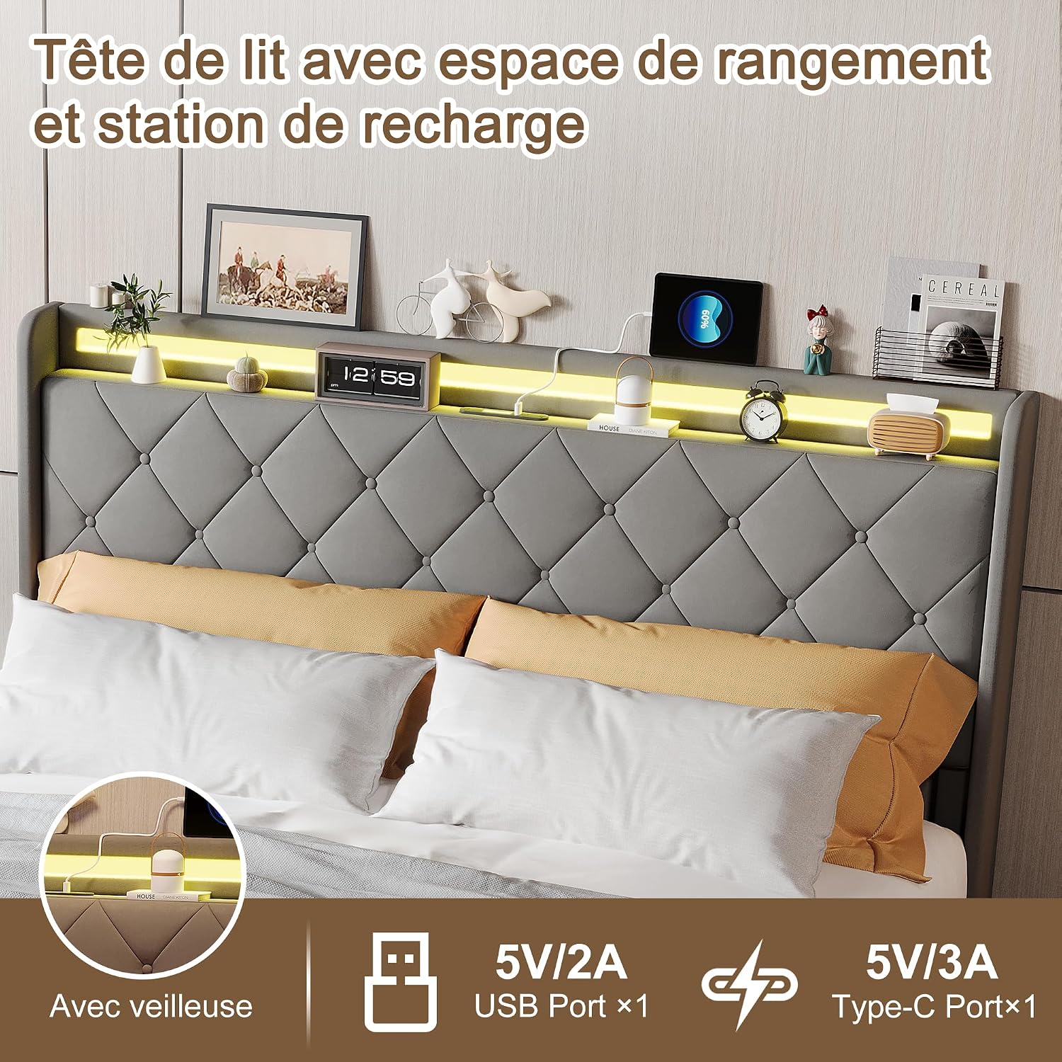 Lit Double 140x200 cm – 4 Tiroirs de Rangement, Éclairage LED +6000 Couleurs & Tête de Lit Réglable en PU