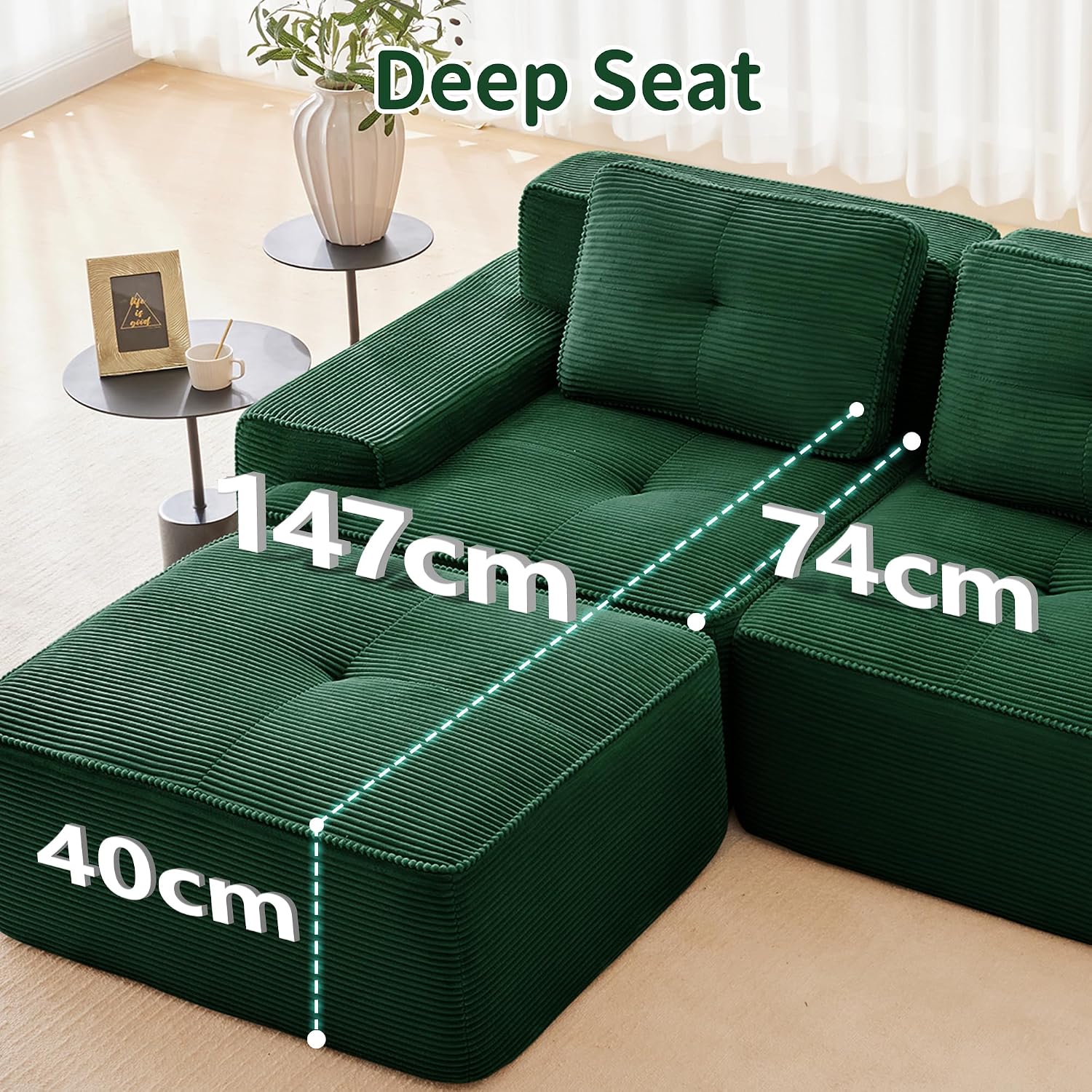 Canapé modulable en L Bladez – 3+1 places – Tissu côtelé kaki clair – Assise profonde