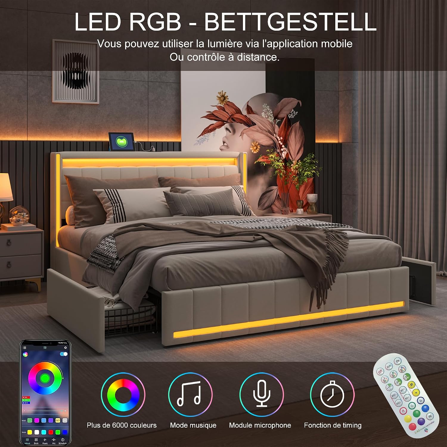 Lit Double 140x200 cm – 4 Tiroirs de Rangement, Éclairage LED +6000 Couleurs & Tête de Lit Réglable en PU