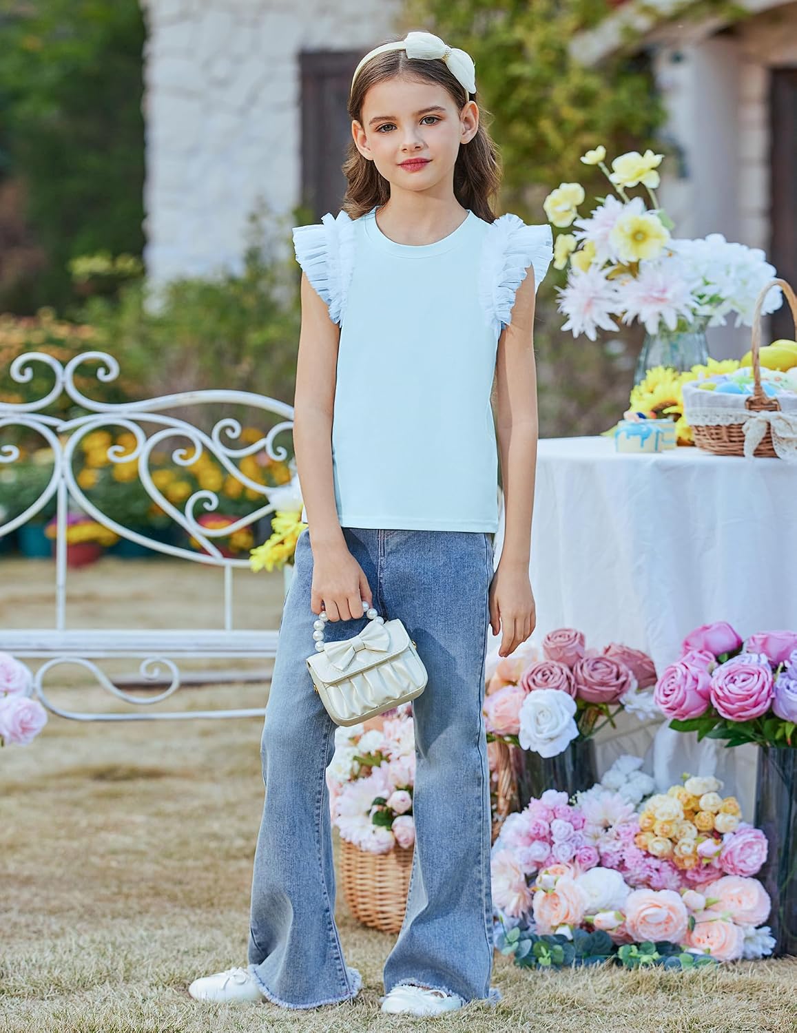 Arshiner T-shirt met kanten mouwen voor meisjes, zomertop, ronde hals, korte mouwen, casual, effen, 5-14 jaar