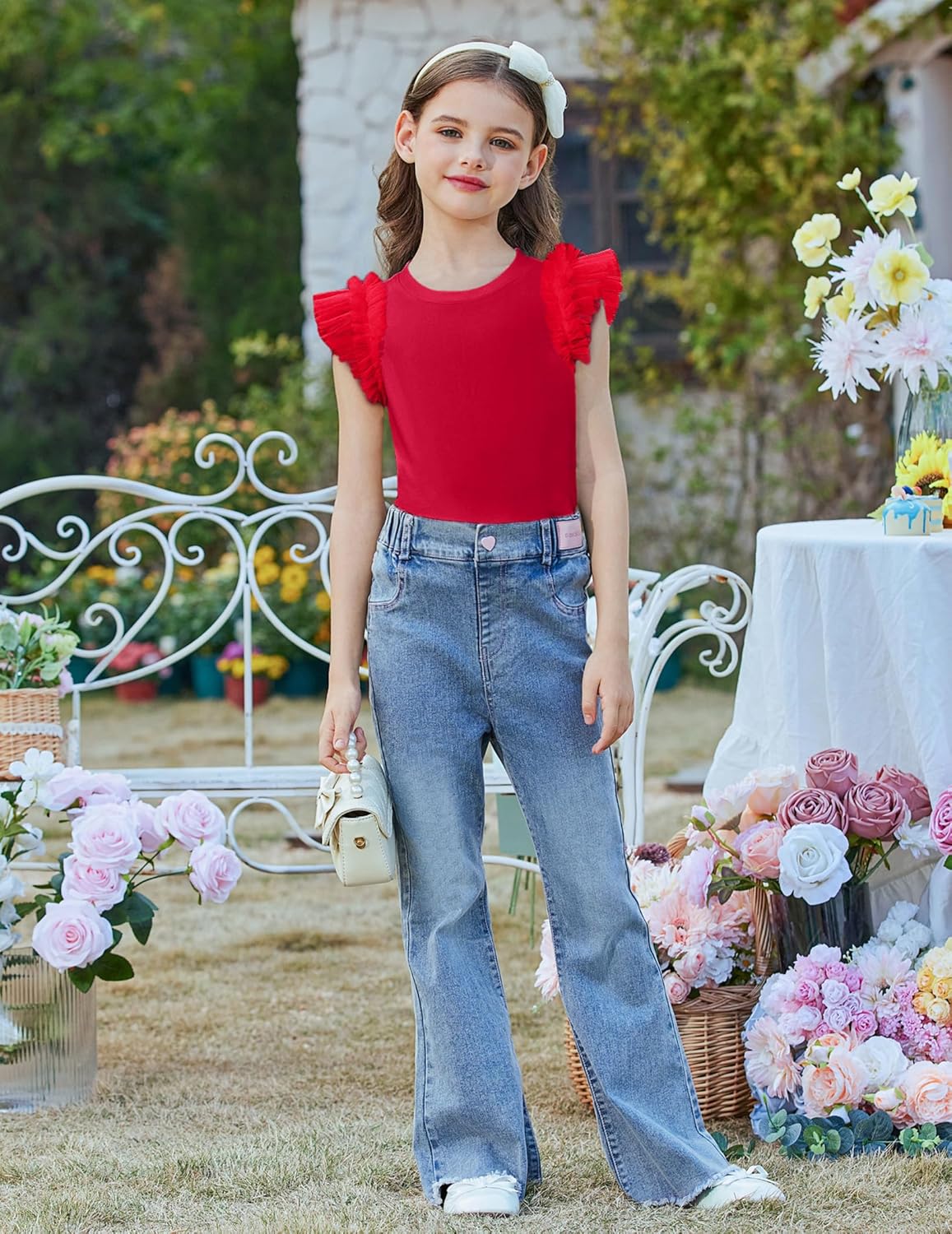 Arshiner T-shirt met kanten mouwen voor meisjes, zomertop, ronde hals, korte mouwen, casual, effen, 5-14 jaar