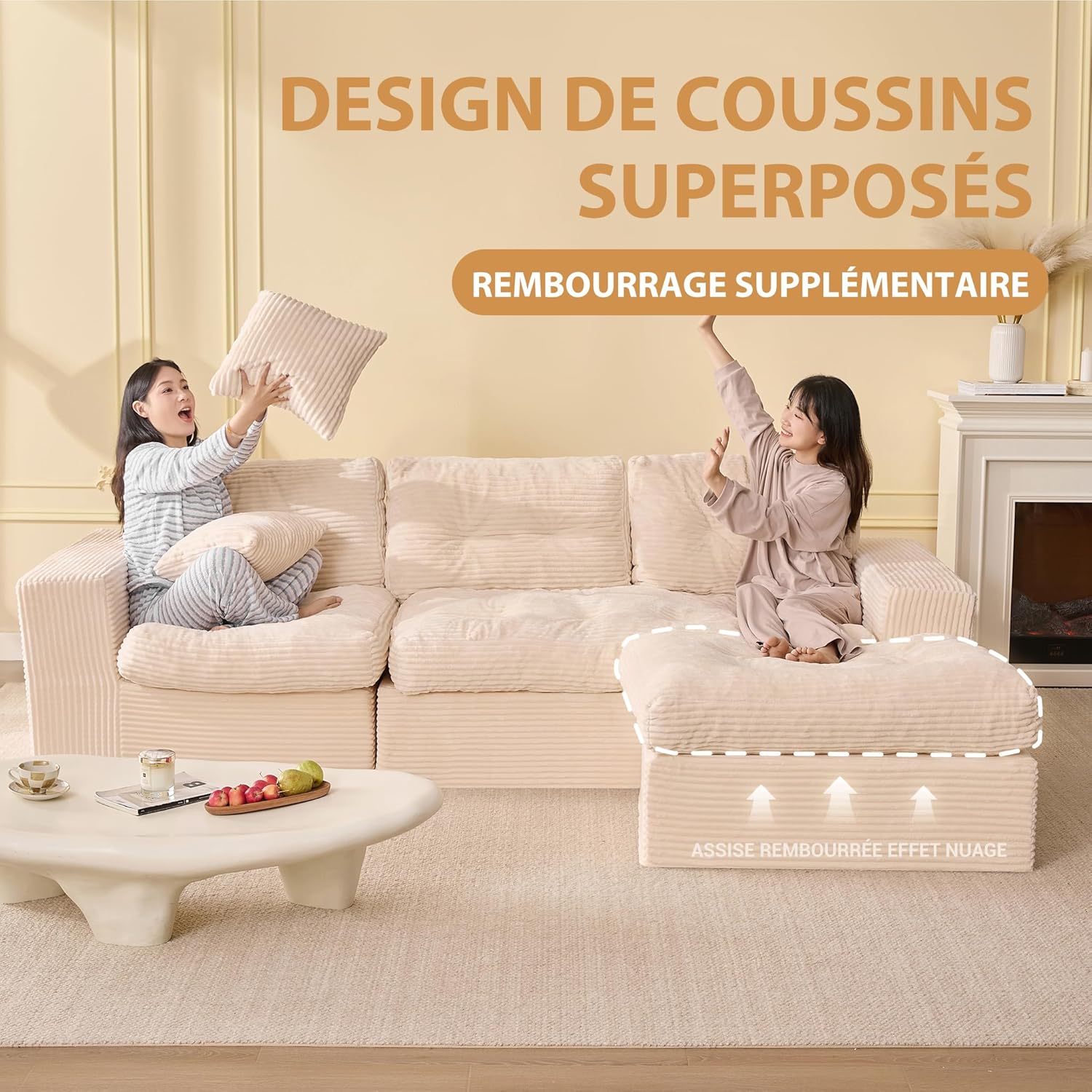 Canapé d'angle modulable Litbird – 3 places + pouf – Velours côtelé beige – Sans montage