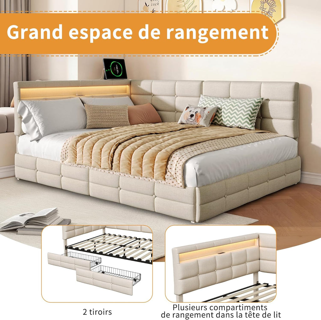 Lit Coffre 90x200 cm – Tête de Lit Rangement, Éclairage LED 16 Couleurs & Ports USB/USB-C