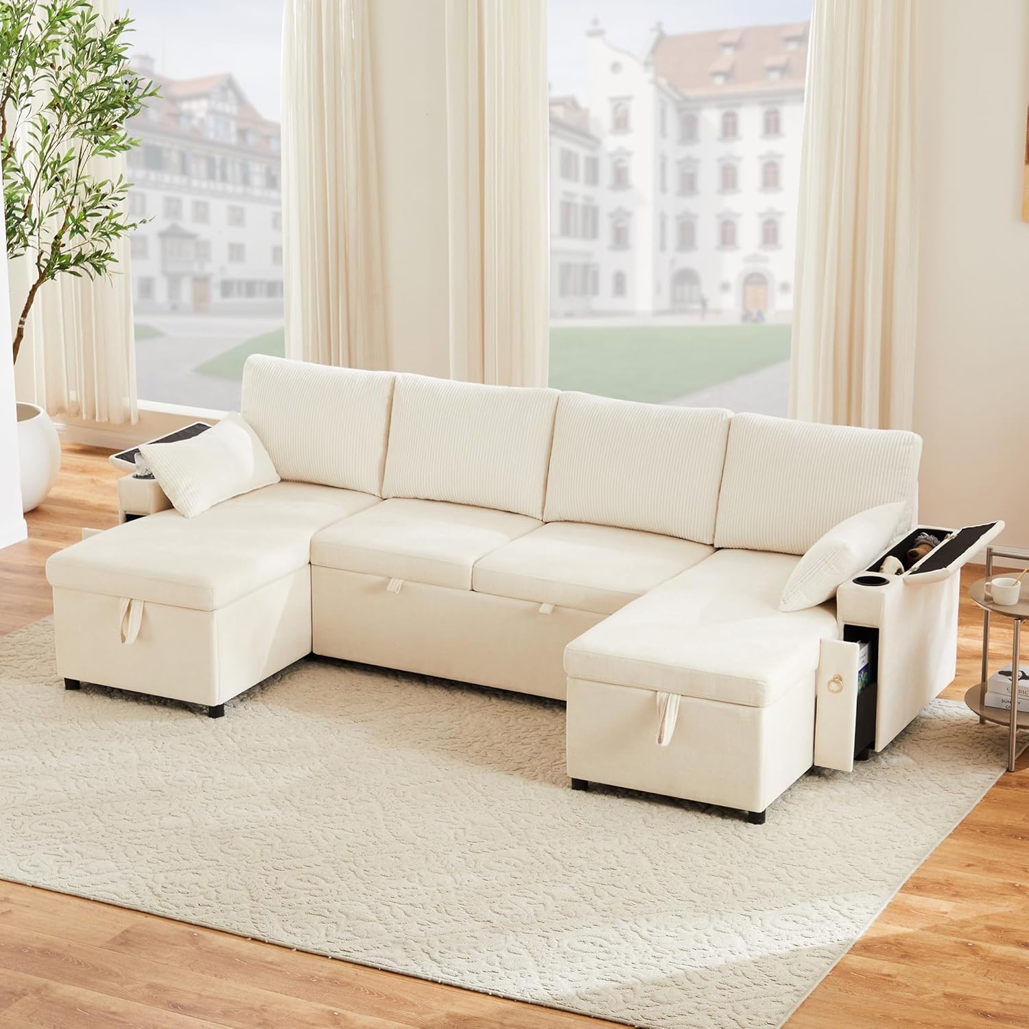 Canapé d'Angle Modulable Cayipng — Velours Vert, Port USB, Rangement