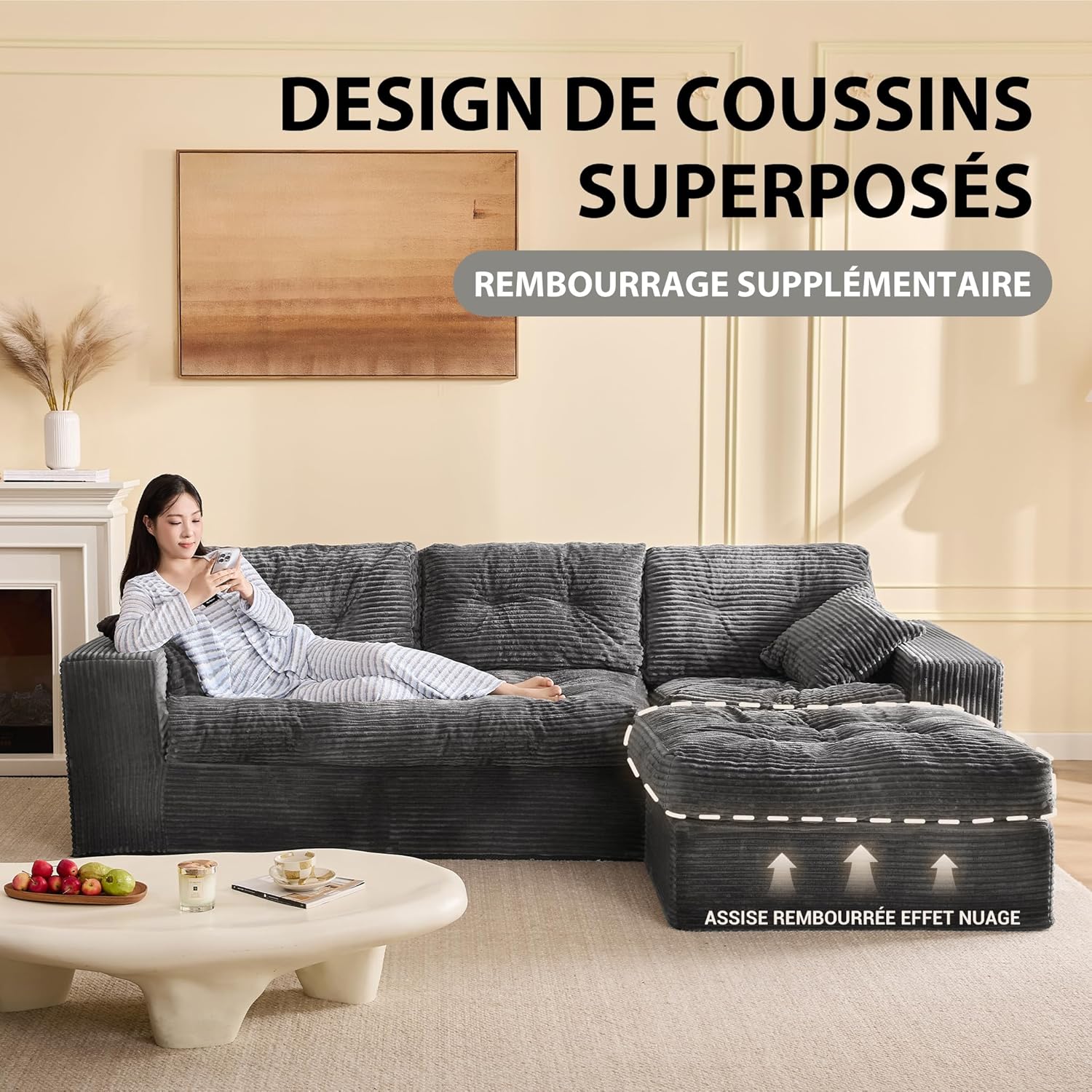 Canapé d'angle modulable Litbird – 3 places + pouf – Velours côtelé beige – Sans montage
