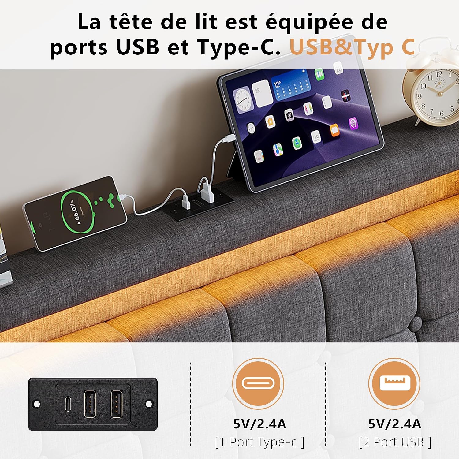 Lit Coffre Capitonné 140 x 200 cm – Tête de Lit Hydraulique & Sommier à Lattes – Flanelle Blanc Cassé