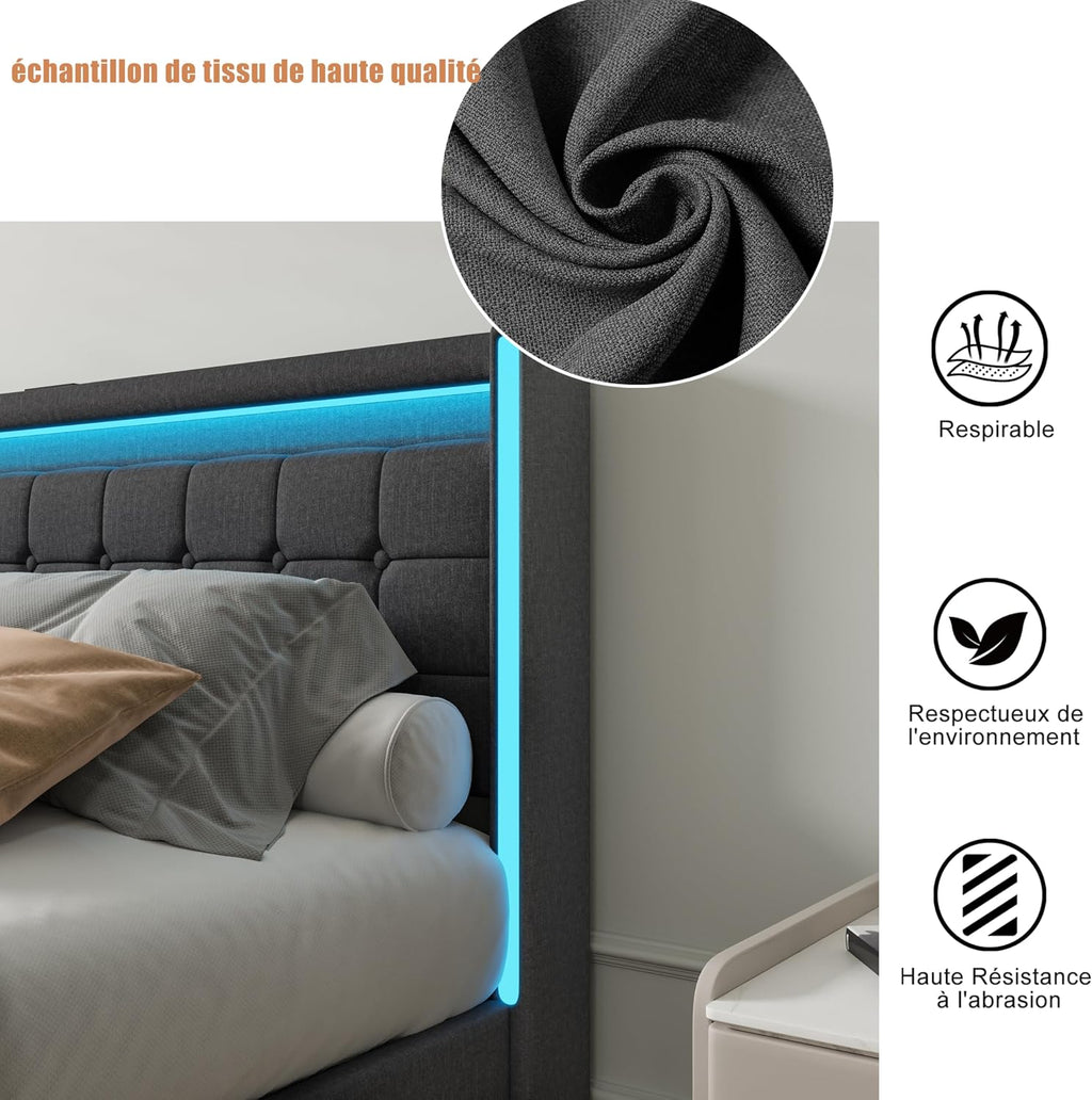 Lit Double 140x200 cm – 4 Tiroirs de Rangement, Éclairage LED +6000 Couleurs & Tête de Lit Réglable en PU