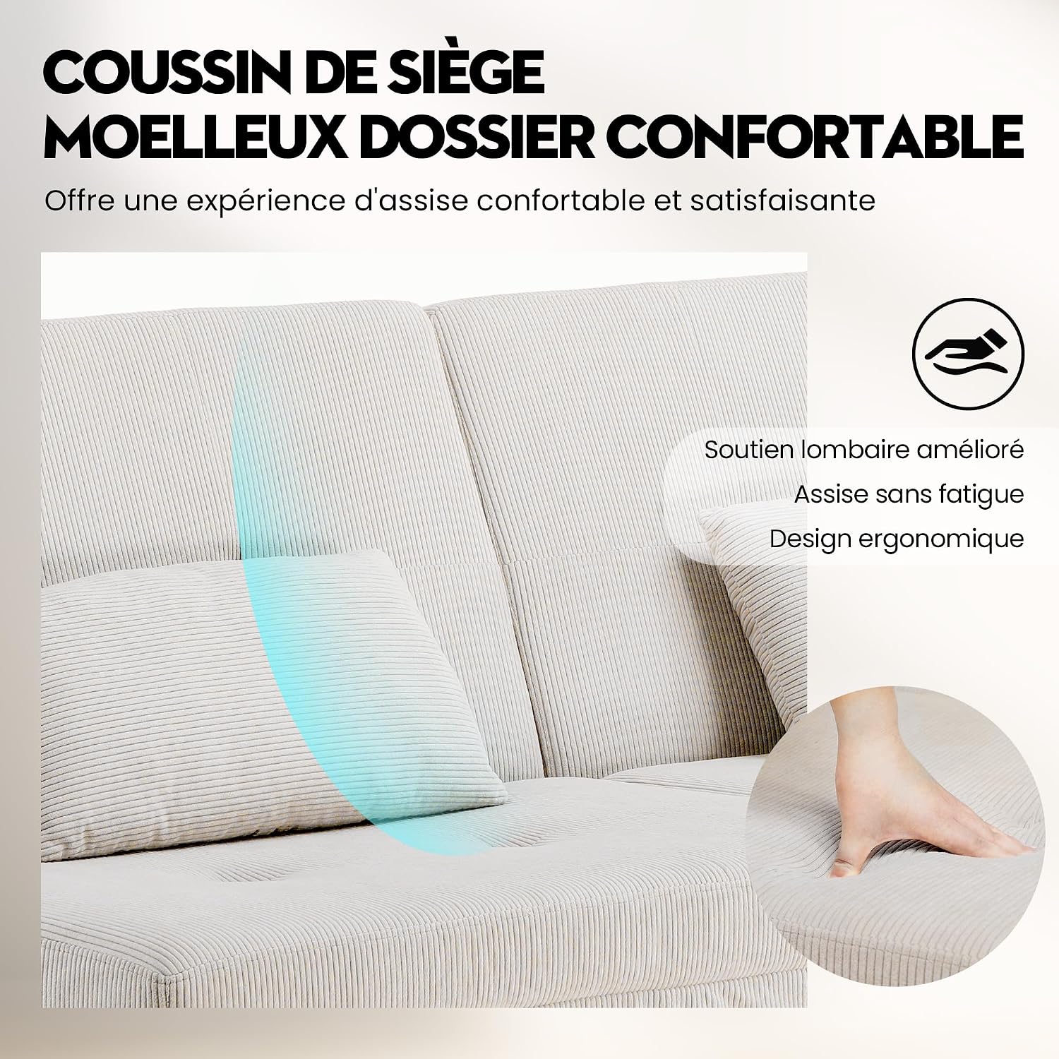 Canapé-lit convertible COMHOMA – 3 places – Tissu gris – Dossier ajustable