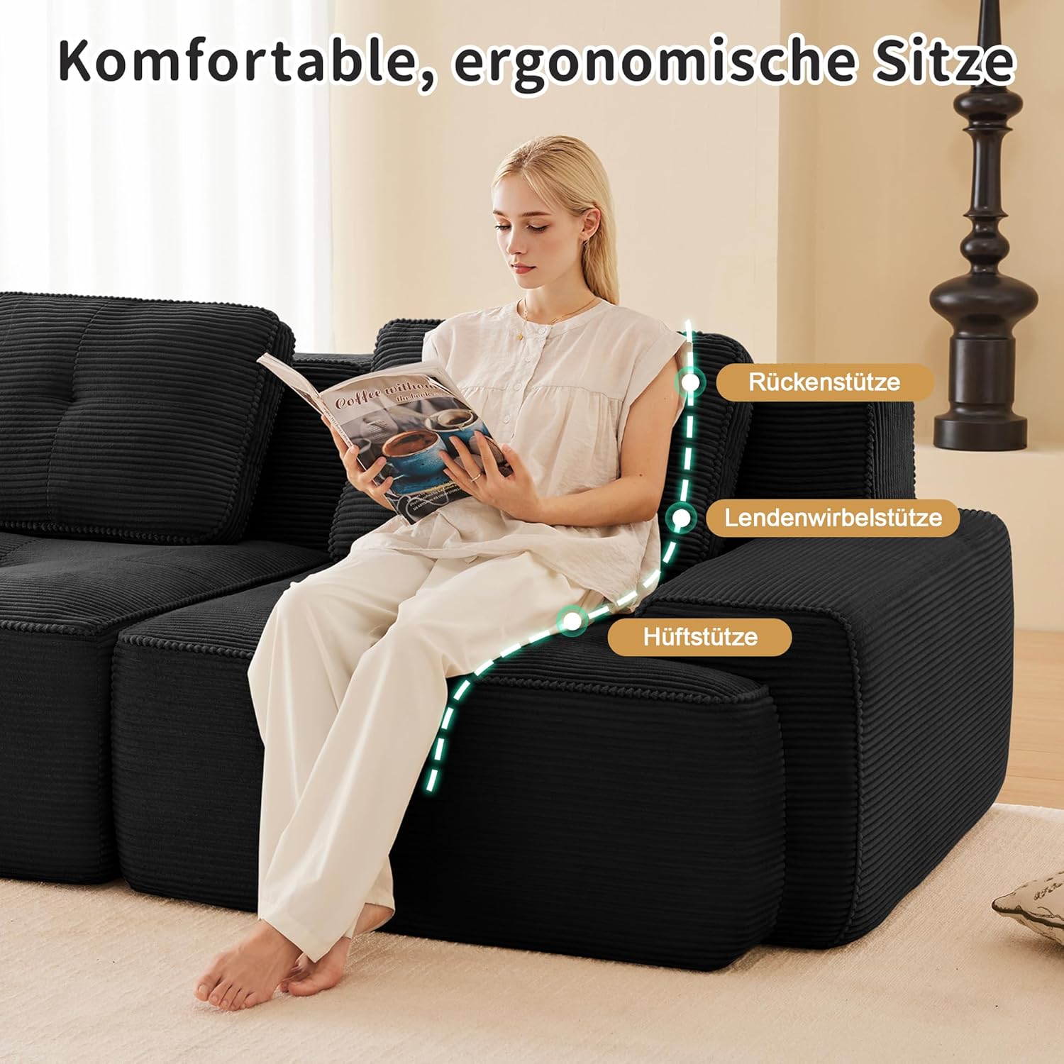 Canapé Modulable Cloud en Velours Côtelé – Assise Profonde, Convertible, Sans Montage