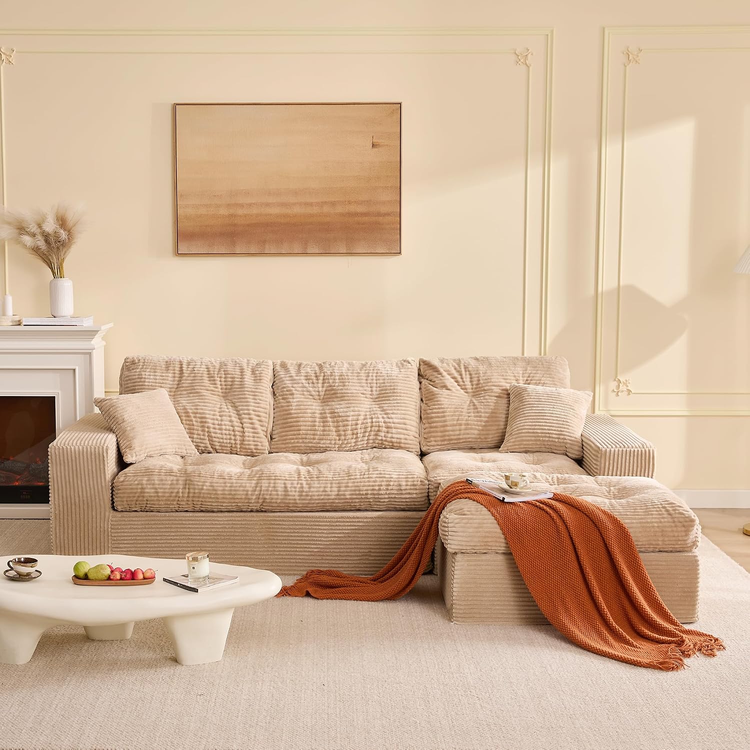 Canapé d'angle modulable Litbird – 3 places + pouf – Velours côtelé beige – Sans montage