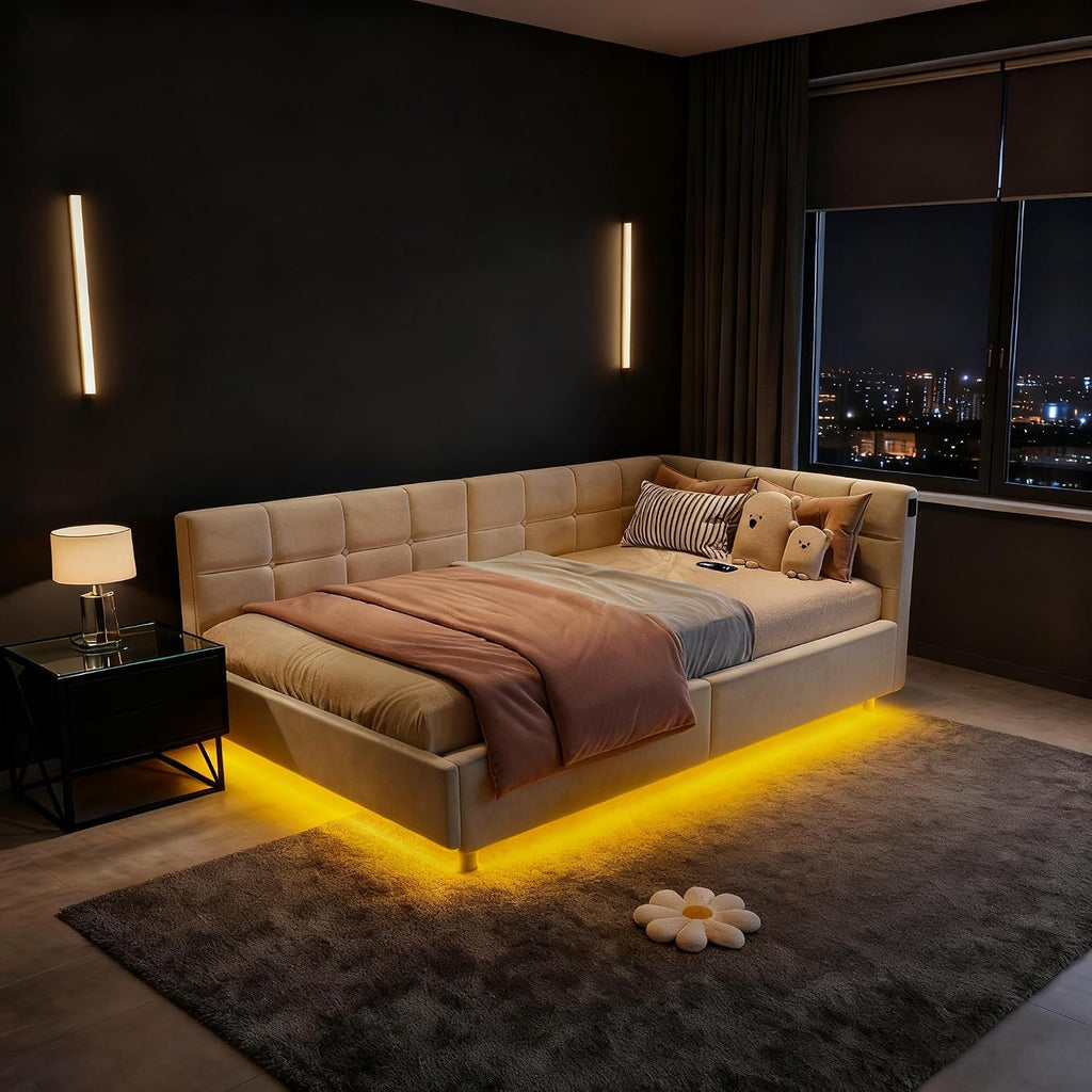 Lit Coffre 90x200 cm – Tête de Lit Rangement, Éclairage LED 16 Couleurs & Ports USB/USB-C