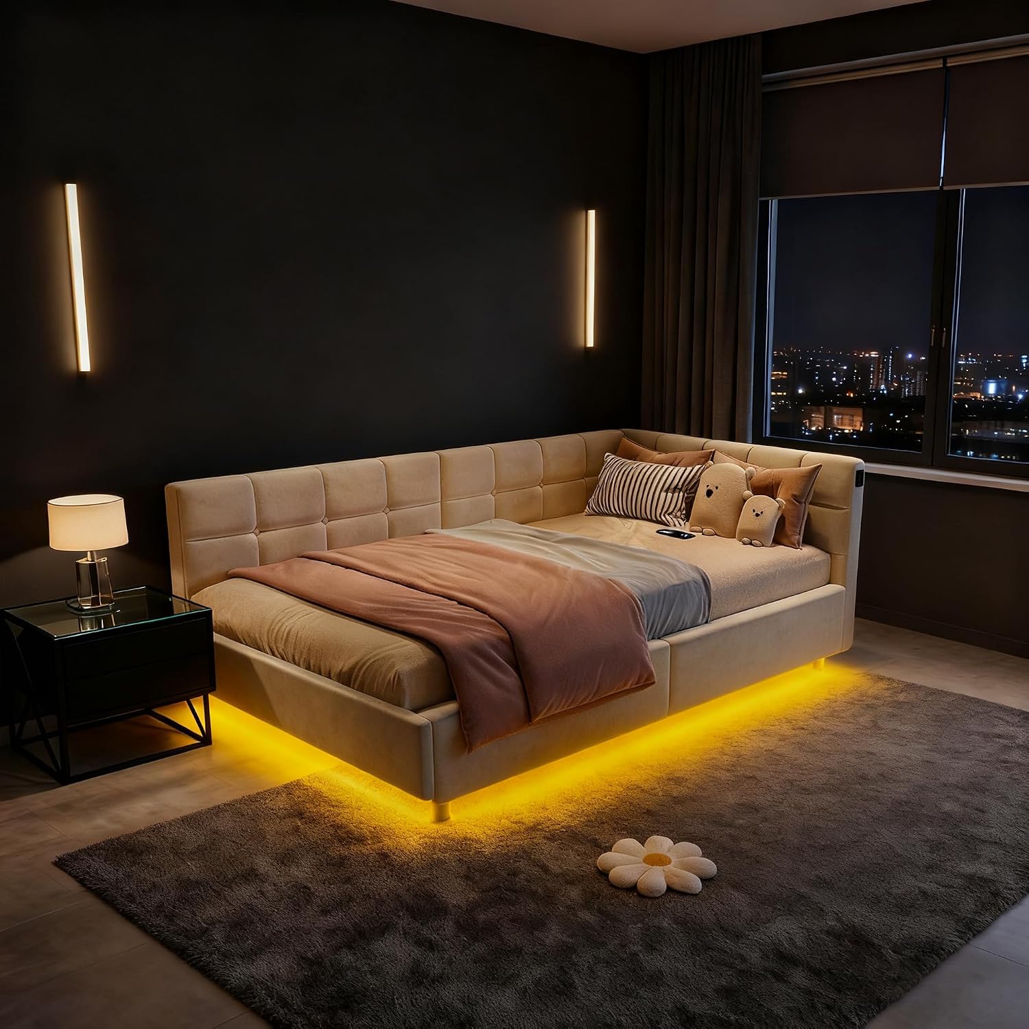 Lit Coffre 90x200 cm – Tête de Lit Rangement, Éclairage LED 16 Couleurs & Ports USB/USB-C