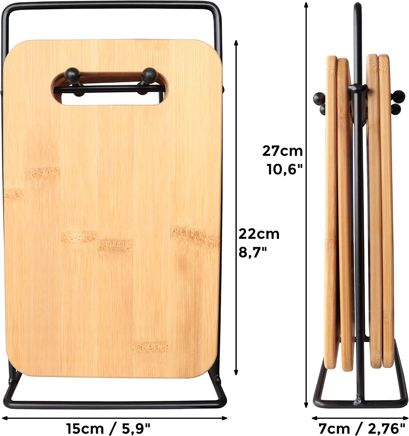 Lot de 4 Planches à Découper en Bambou avec Support Inox