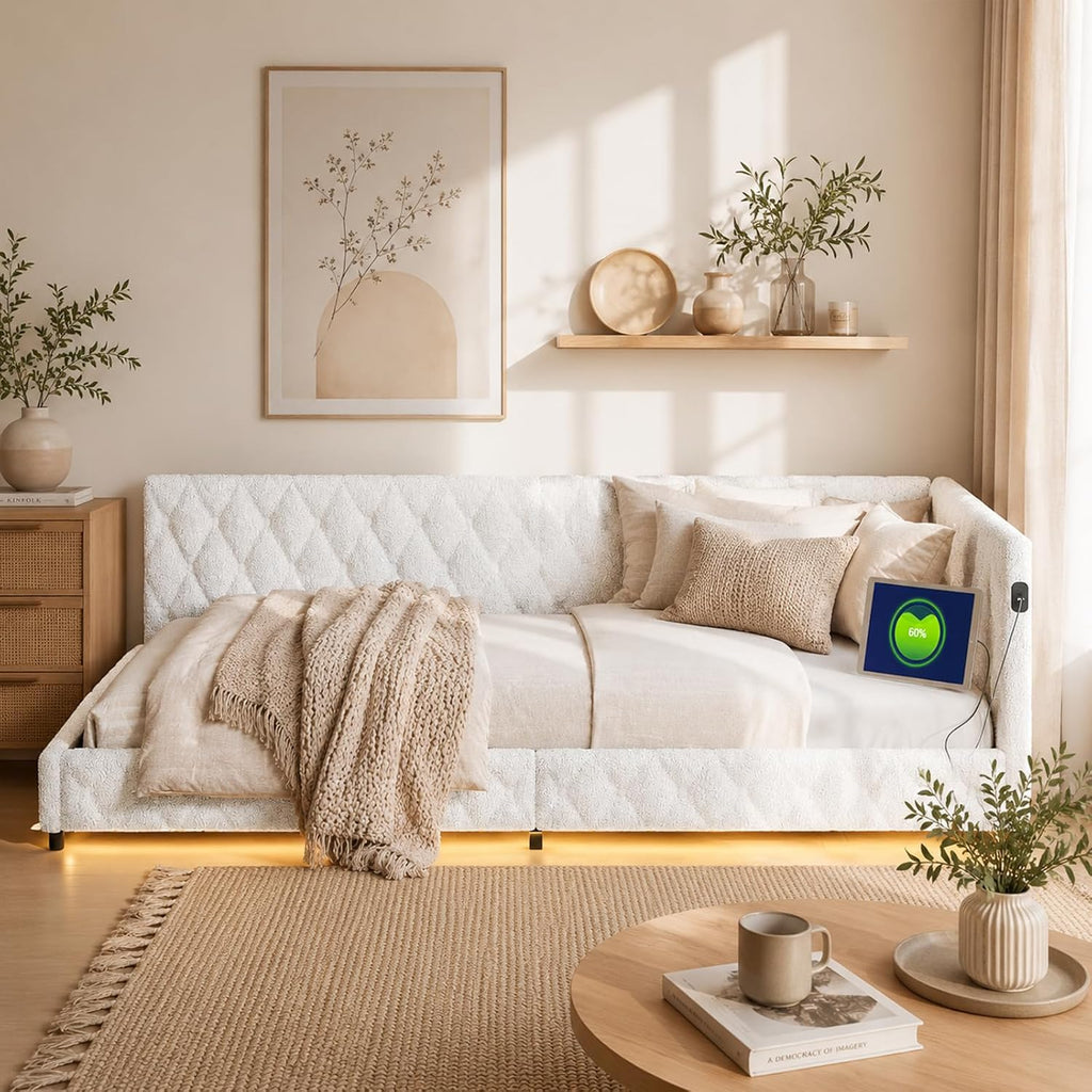 Canapé-Lit Convertible LKPOMI 2 Places — Velours Beige, Lit 180x200 cm