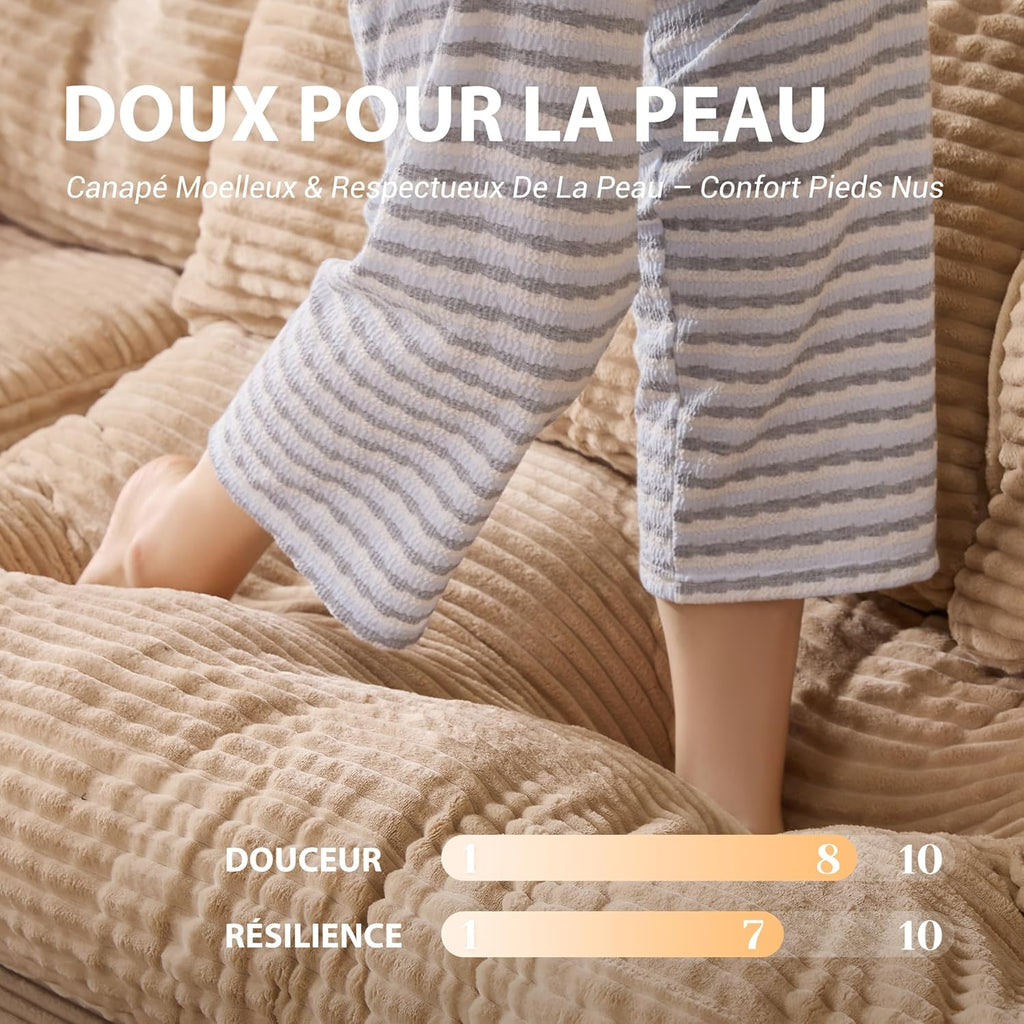 Canapé d'angle modulable Litbird – 3 places + pouf – Velours côtelé beige – Sans montage