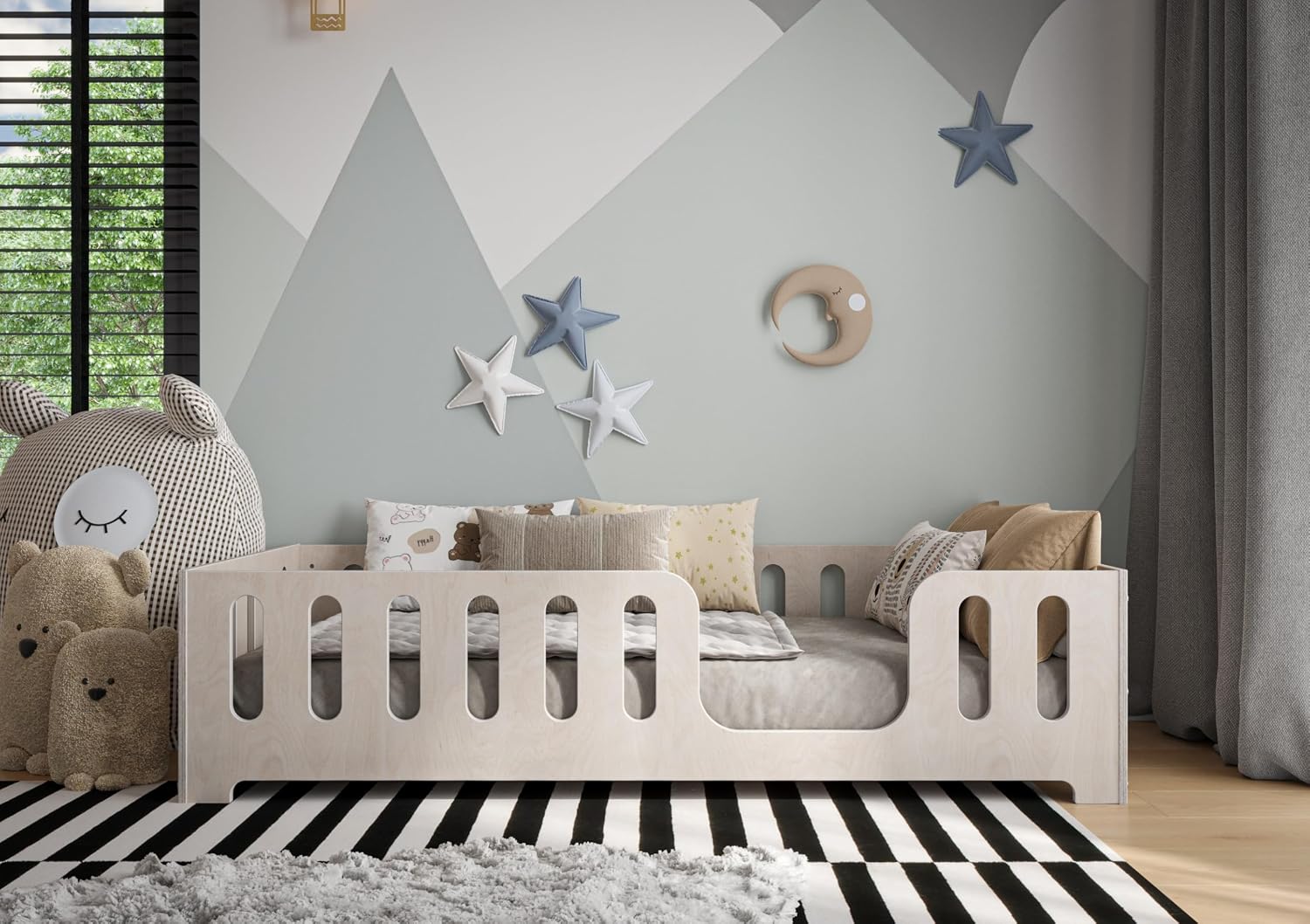 Lit Montessori Enfant 90 x 200 cm – Bois de Hêtre Naturel – Barrière de Sécurité & Sommier à Lattes